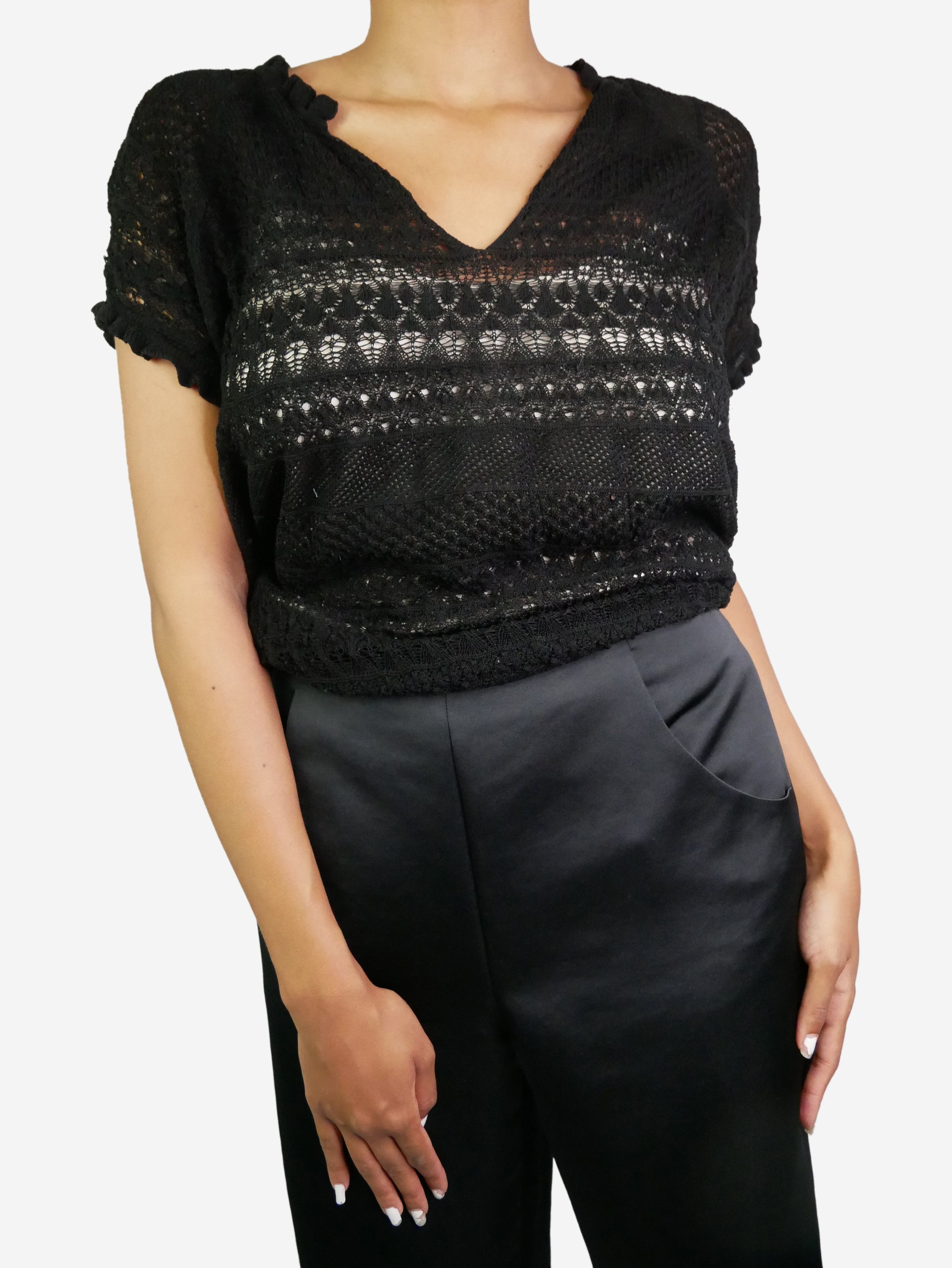 Black short-sleeved lace top - size S