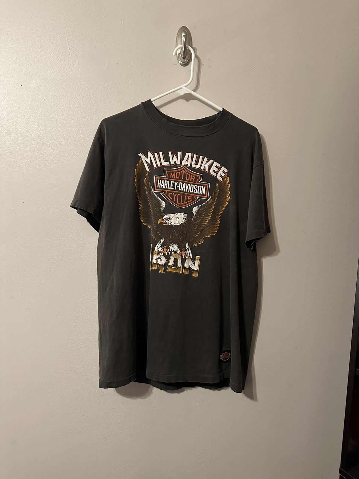 Harley Davidson × Vintage Faded Black/Grey Vintage Single-Stitch Harley T-Shirt Size US XL / EU 56 / 4 - 2 Thumbnail