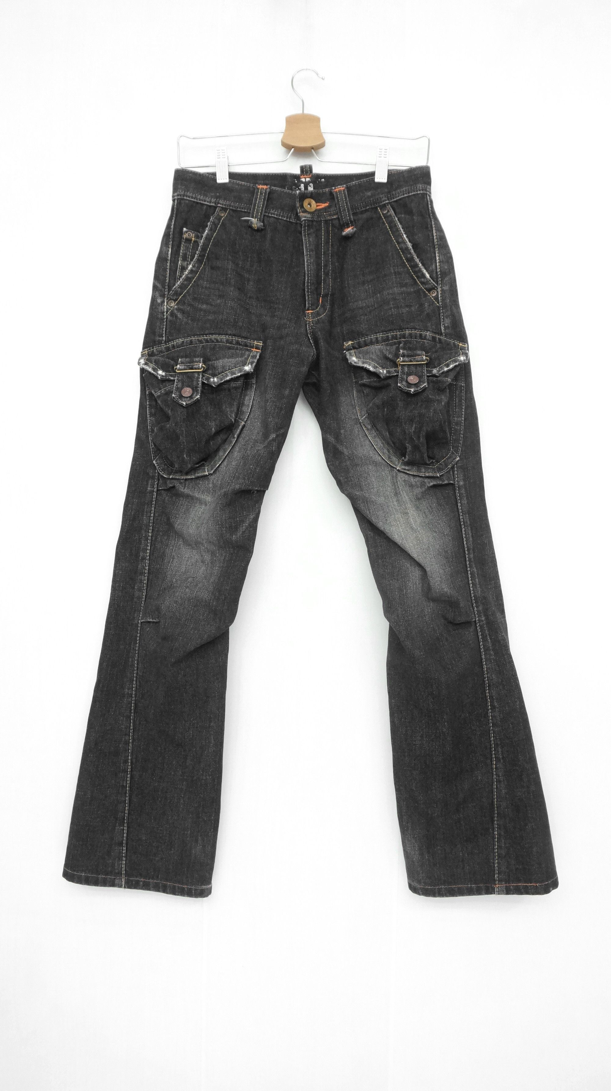 image of Distressed Denim x Edwin Fire Edwin 503 Black Flared Cargo Jeans, Men's (Size 28)