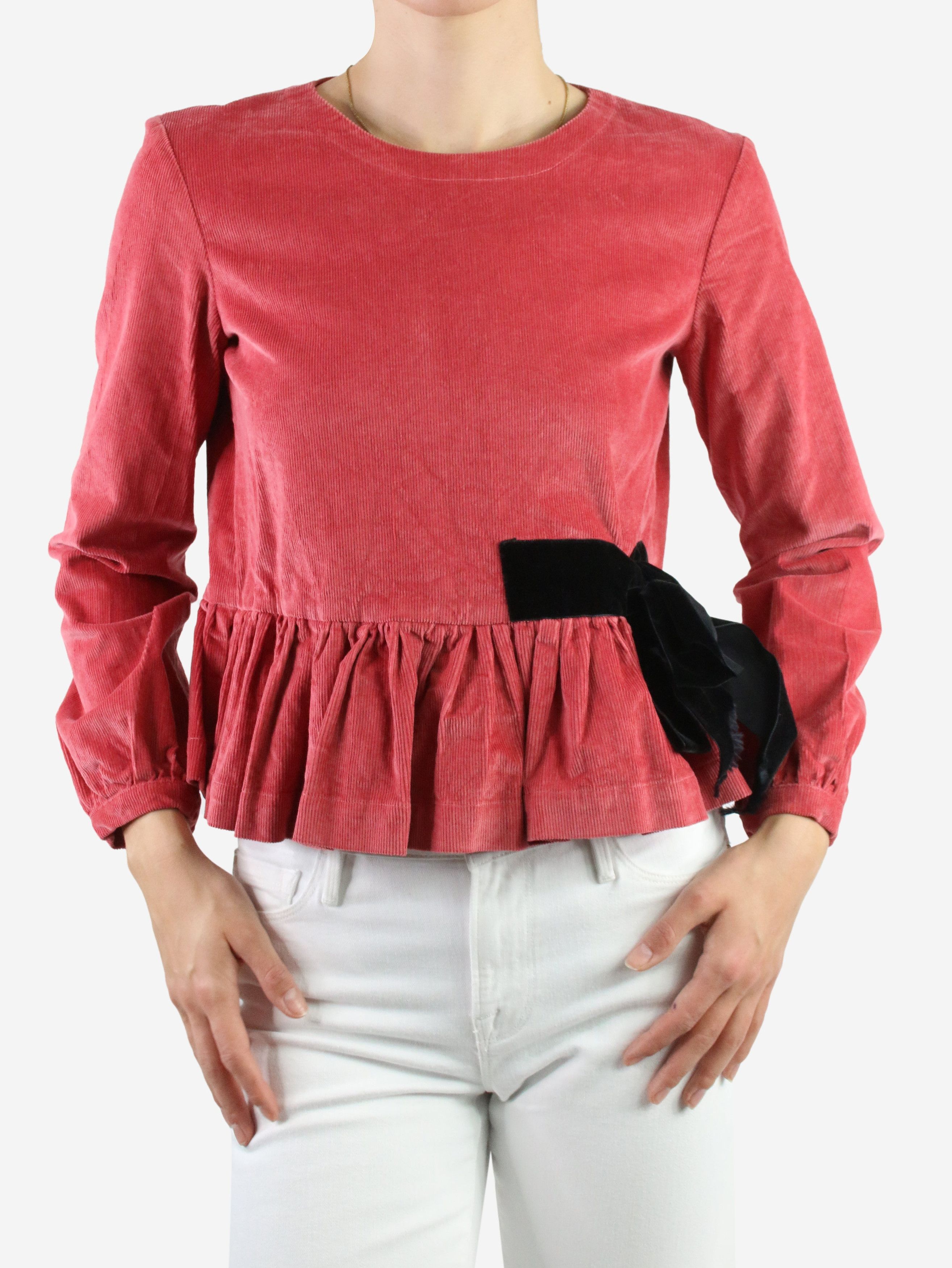 Pink long-sleeved corduroy peplum top - size UK 10