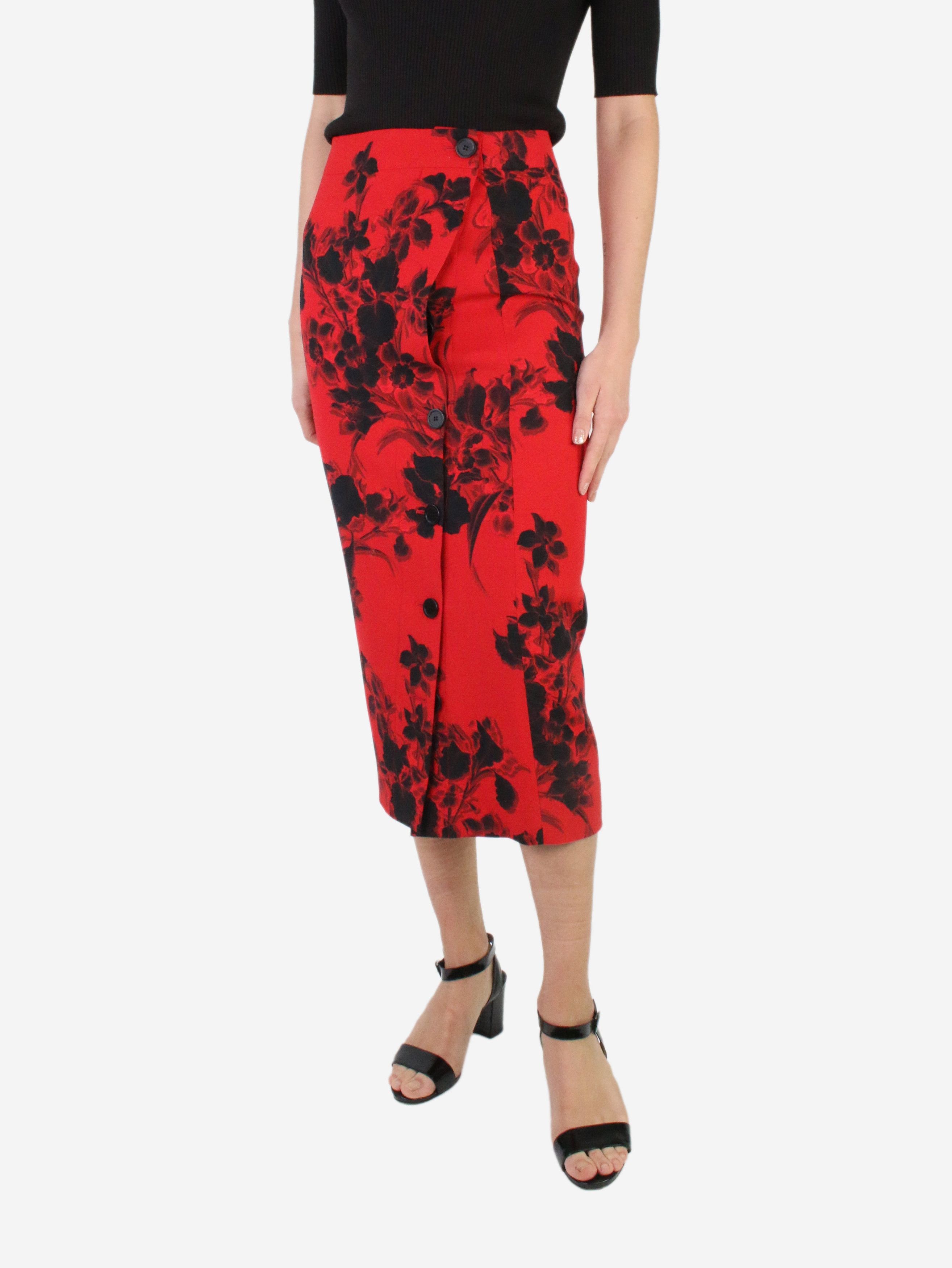Red floral wool midi skirt - size FR 34