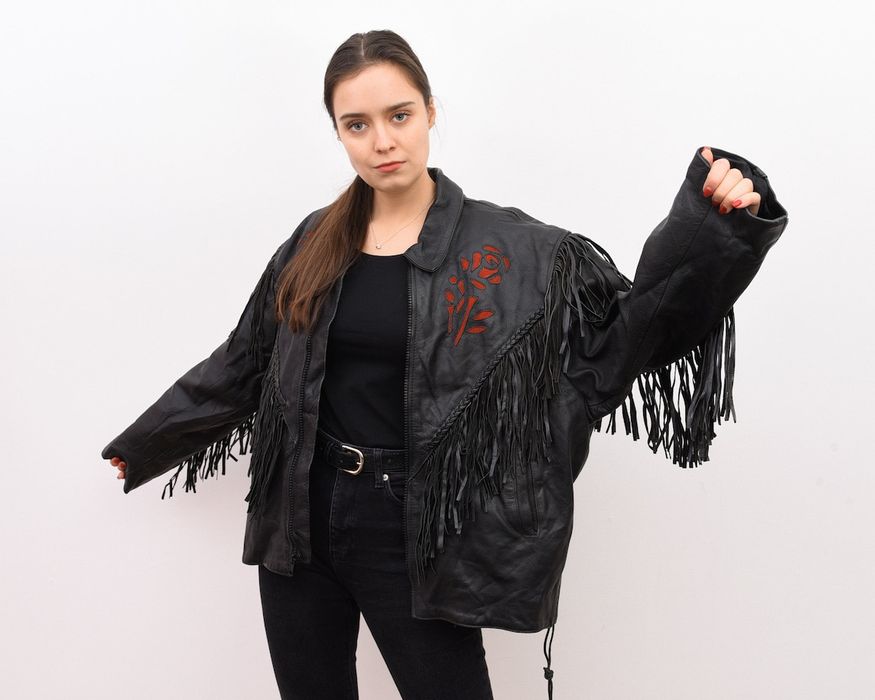 Vintage L XL Fringe Leather Jacket Coat Black Western Cowboy Biker