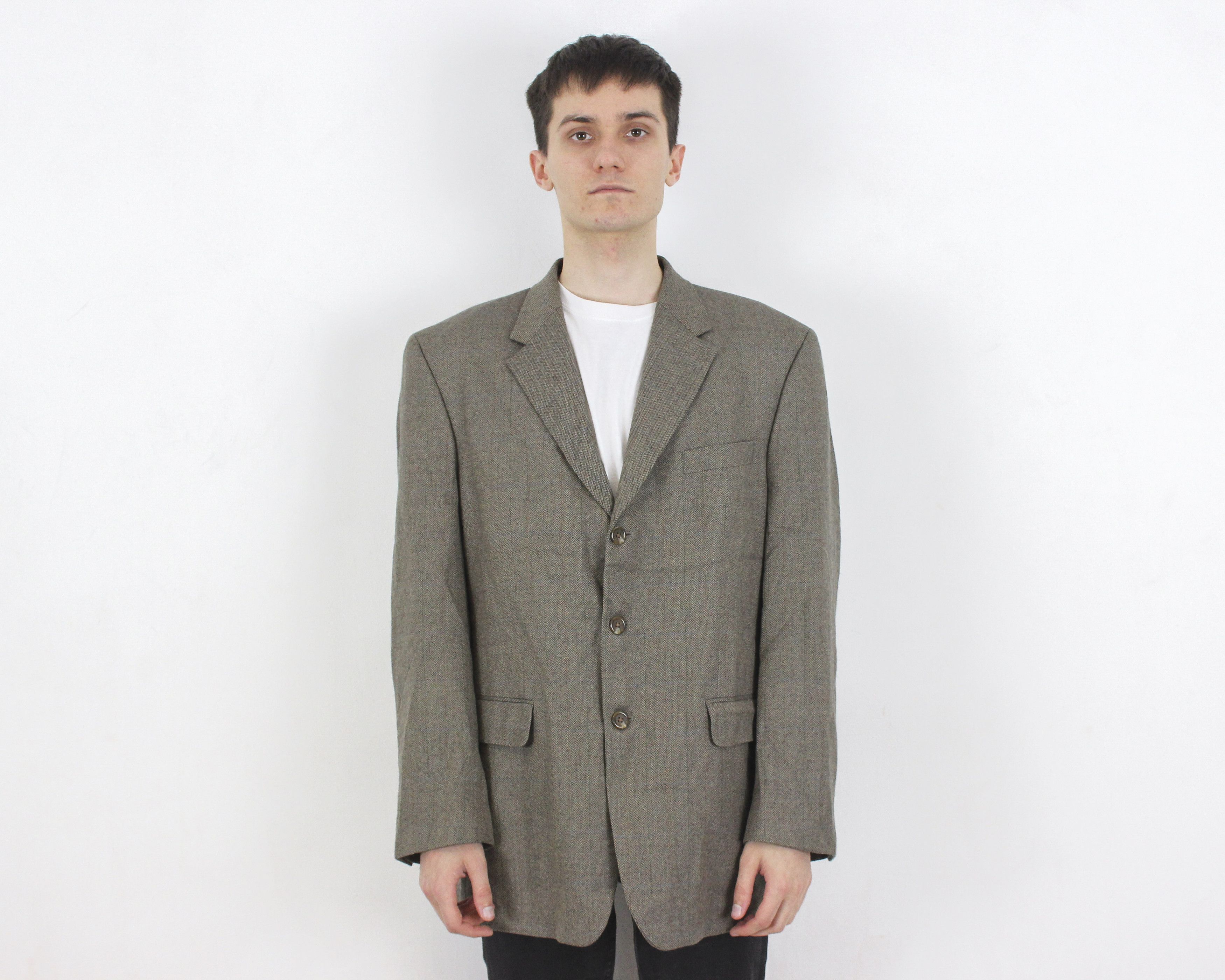 Blazer Herringbone Jacket US 44 Check Lambswool Suit Coat XL