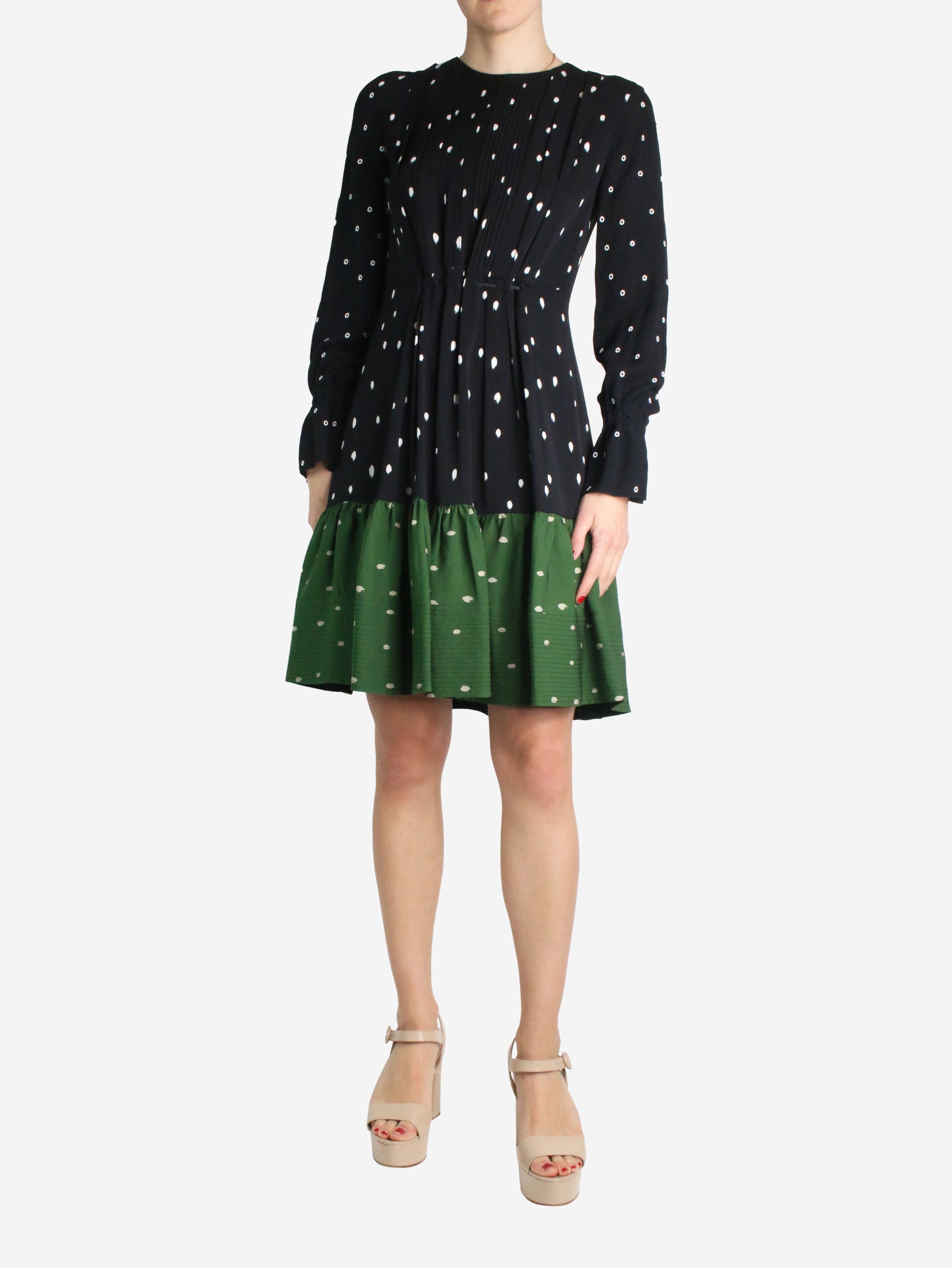 Black and green silk pleated polka dot dress - size UK 4