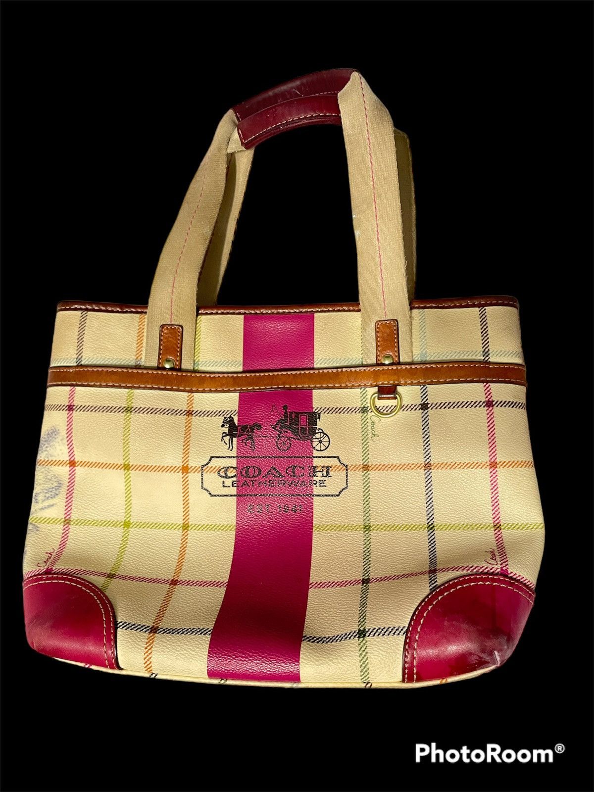 Coach Cream Colorful sale Plaid Satchel Purse