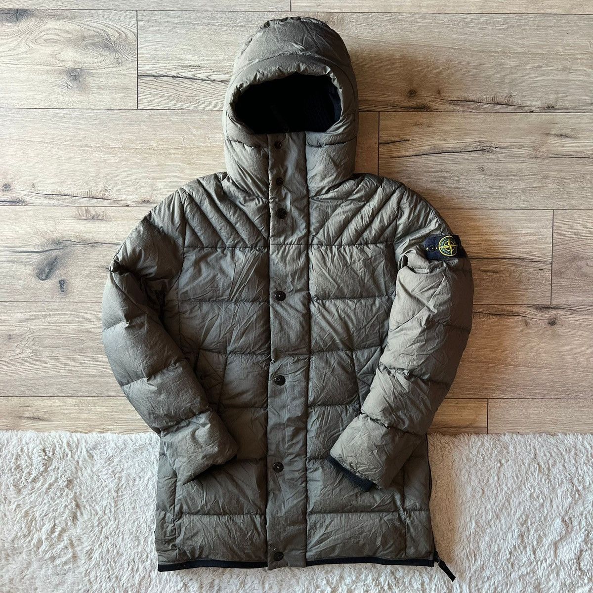 image of Stone Island Goose Down Parka Jacket Opraque Nylon Tela in Olive, Men's (Size Medium)