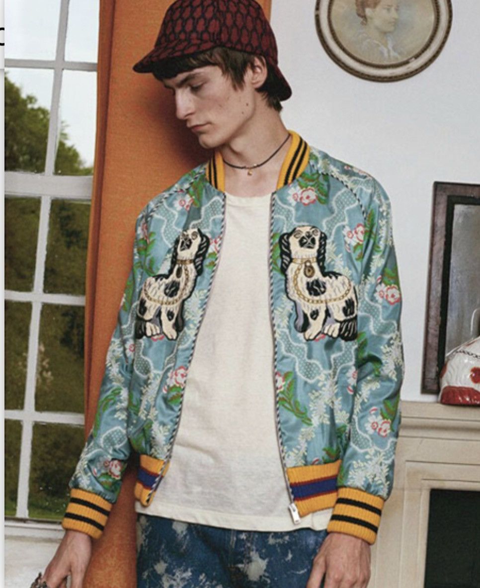 image of Gucci Embroidered Spaniel Dog And Bee Silk Bomber Jacket Xs in Mint, Men's