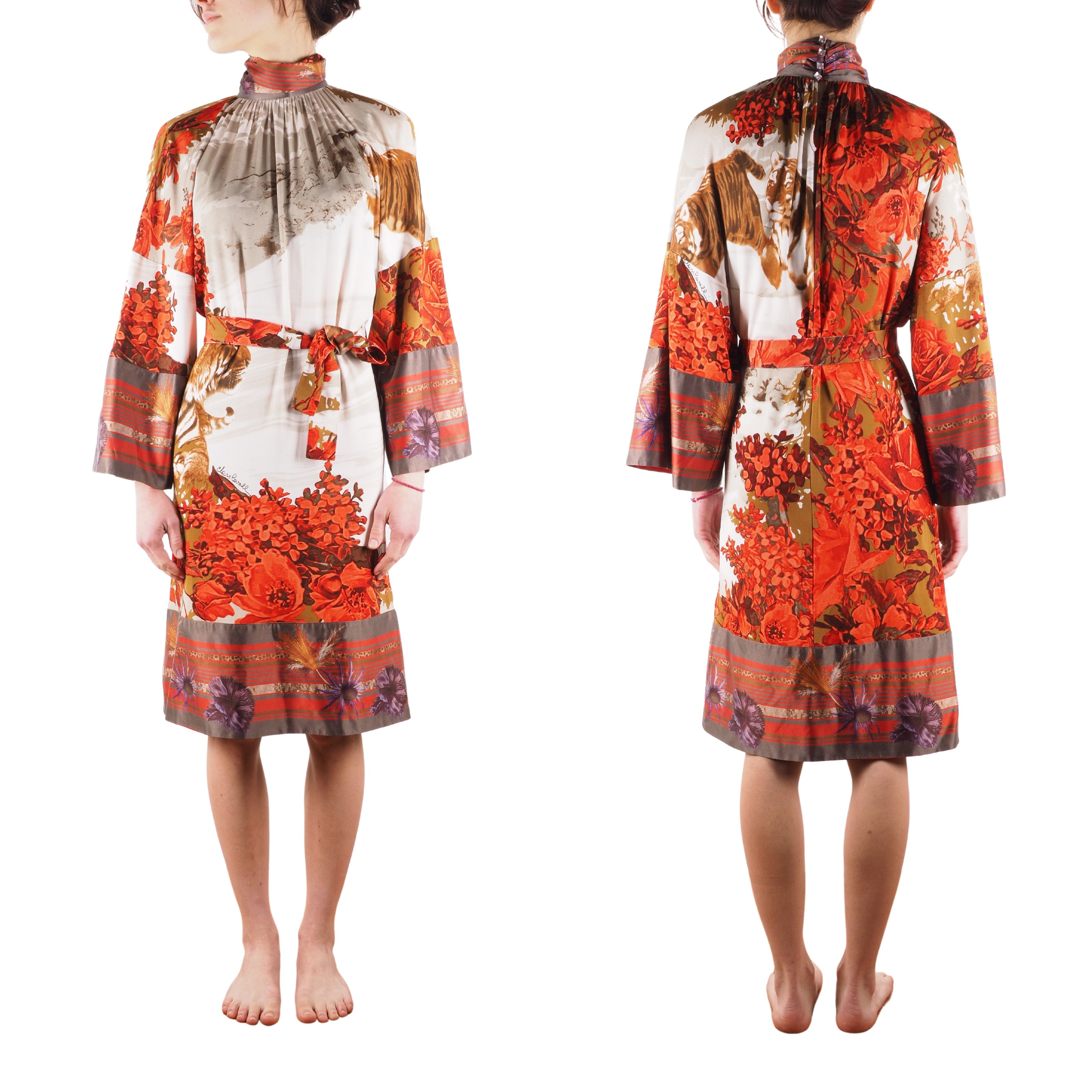 Roberto Cavalli Vintage Floral Tiger Print Belted Dress