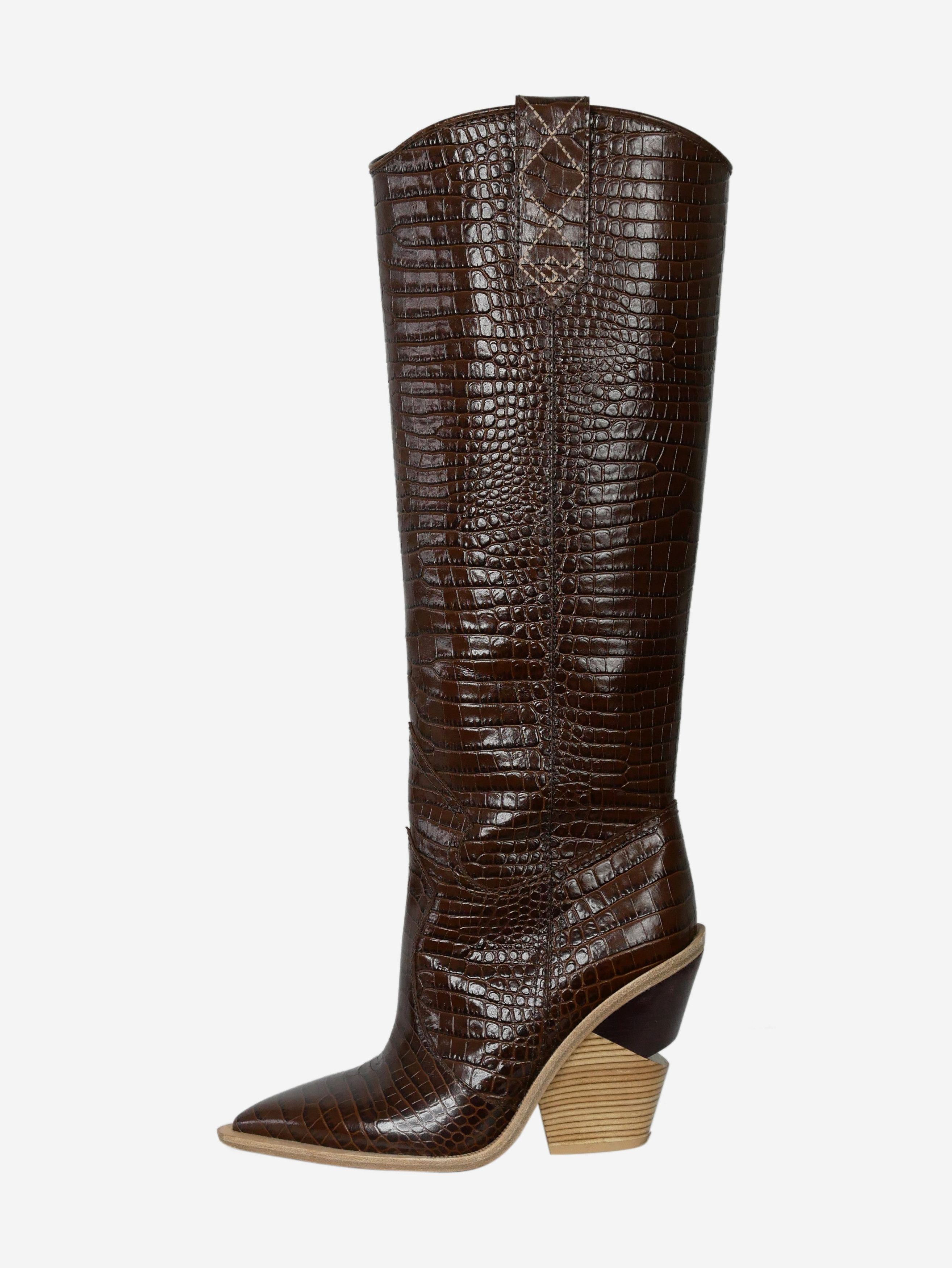 Brown croc-embossed knee-high boots size EU