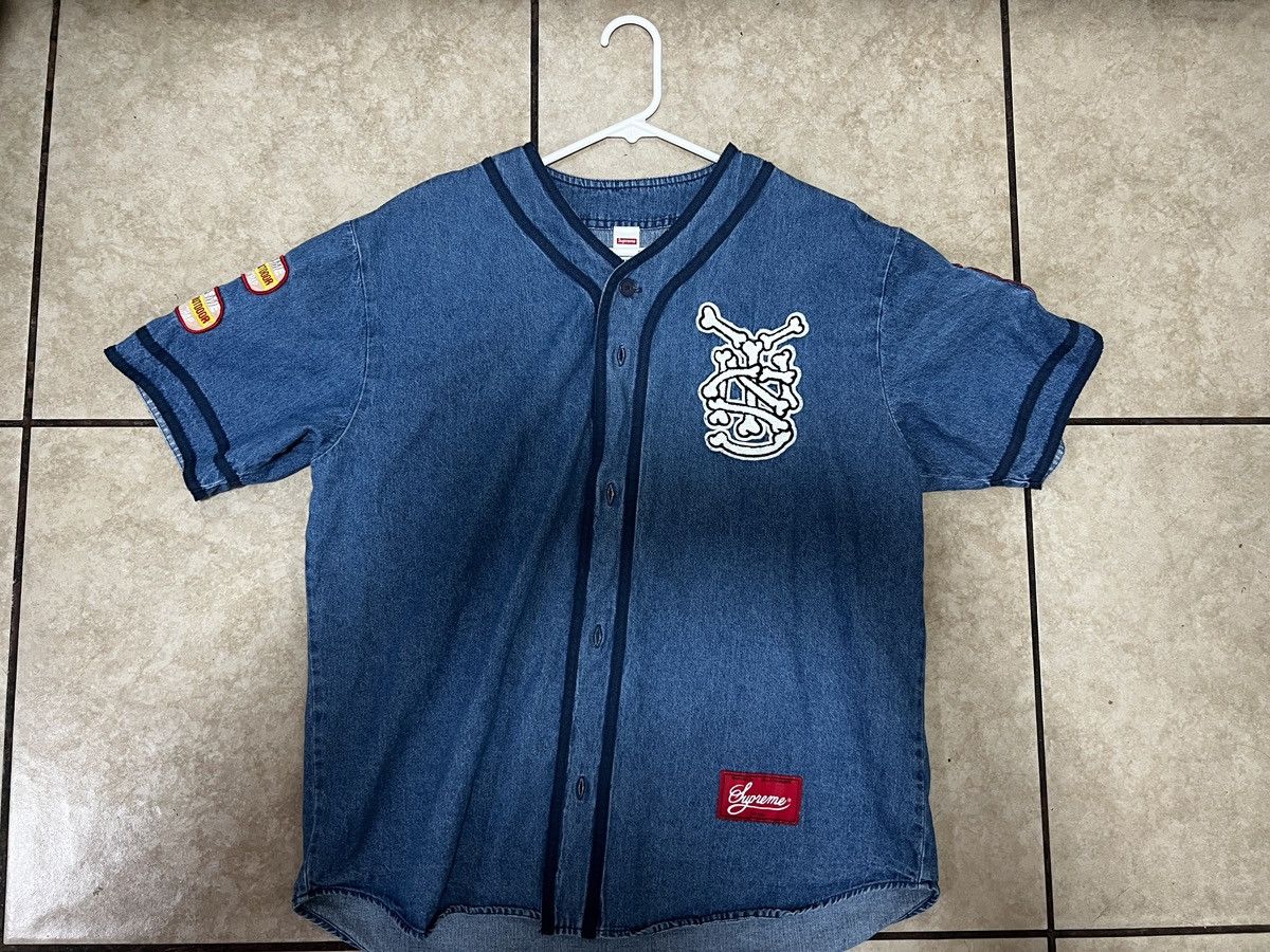 Supreme supreme patches denim baseball jersey | Grailed