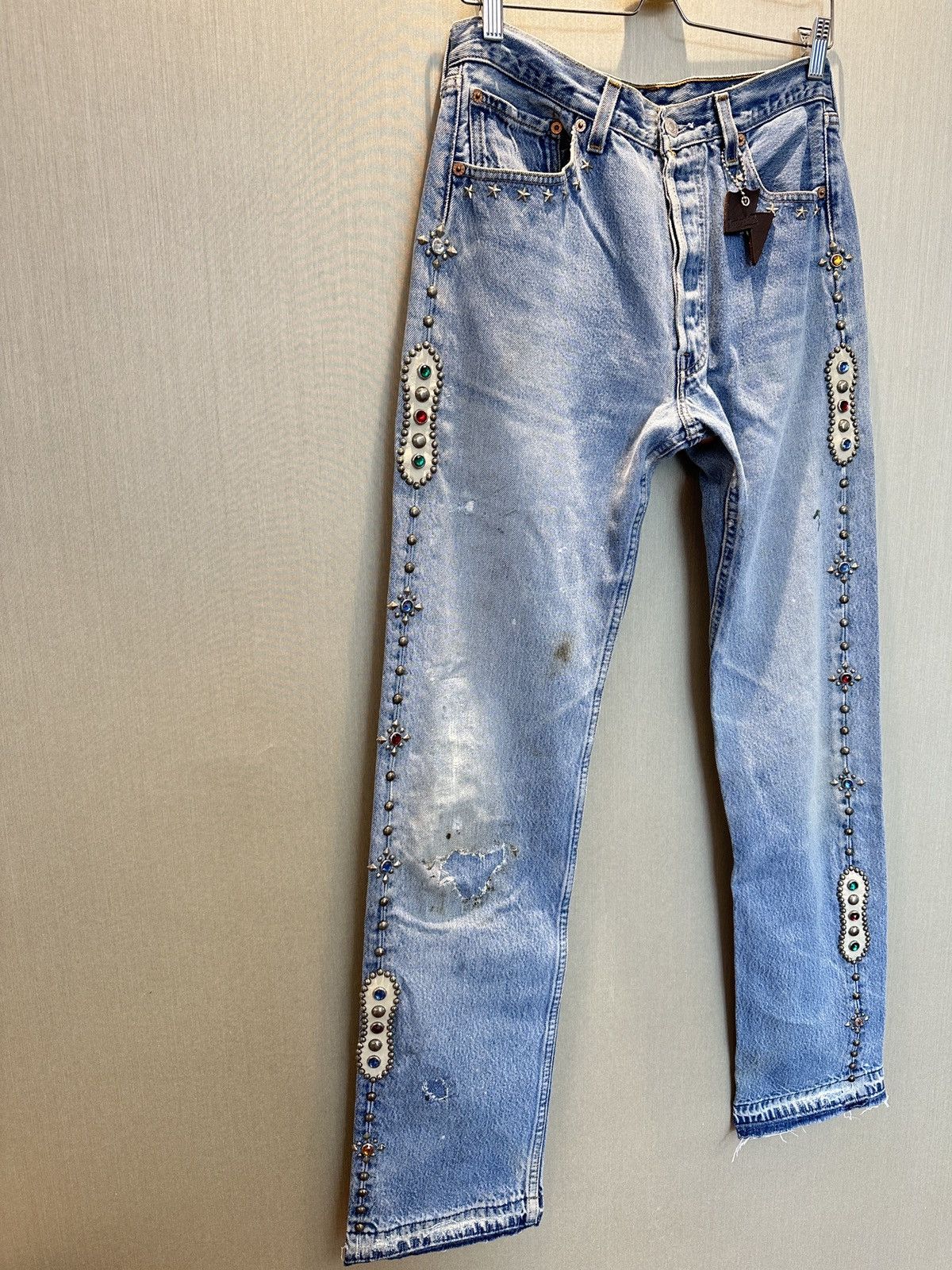Hollywood Trading Company HTC IrregulaR HUMBLE Gemstone Studded Vintage Levi’s Jeans Size US 30 / EU 46 - 4 Thumbnail