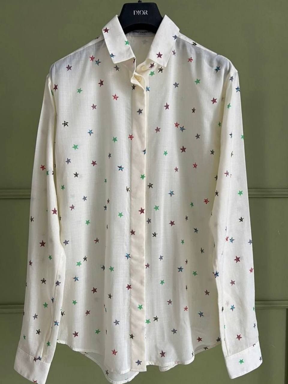 image of Saint Laurent Paris Stars Print Wool Button Up Shirt in White, Men's (Size Small)
