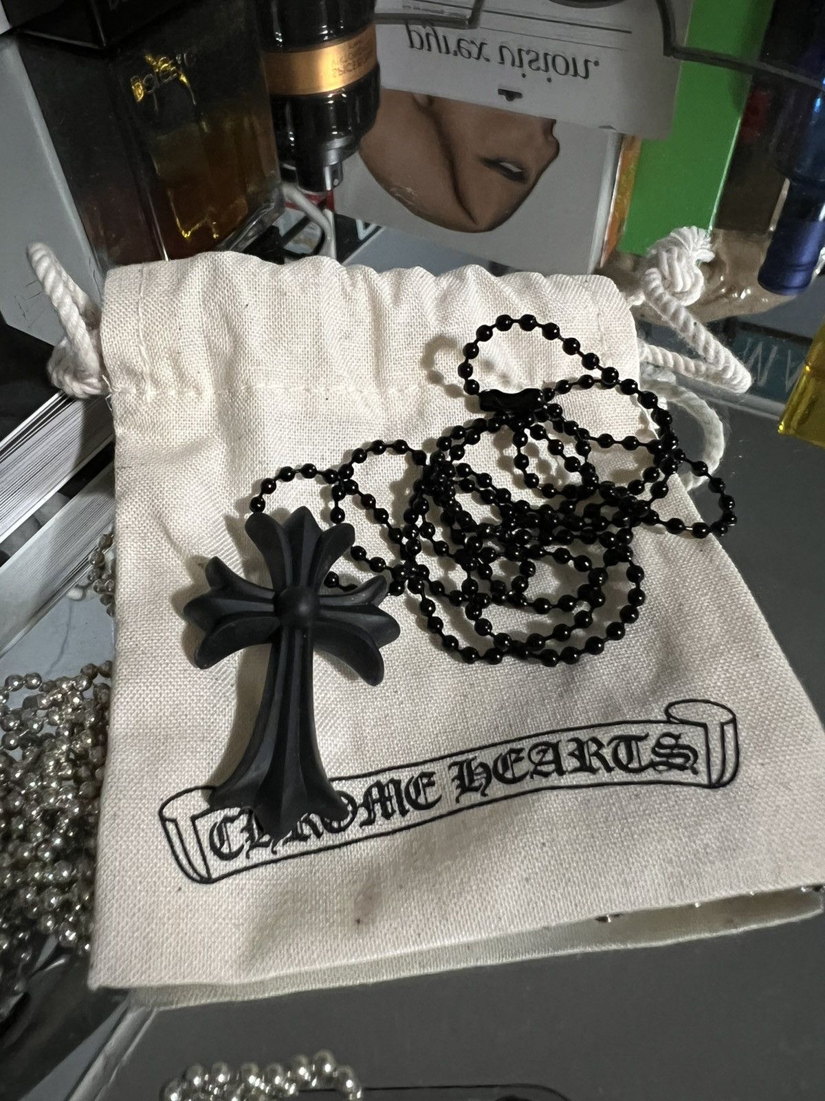 image of Chrome Hearts Black Silichrome Silicone Cross Chain, Men's