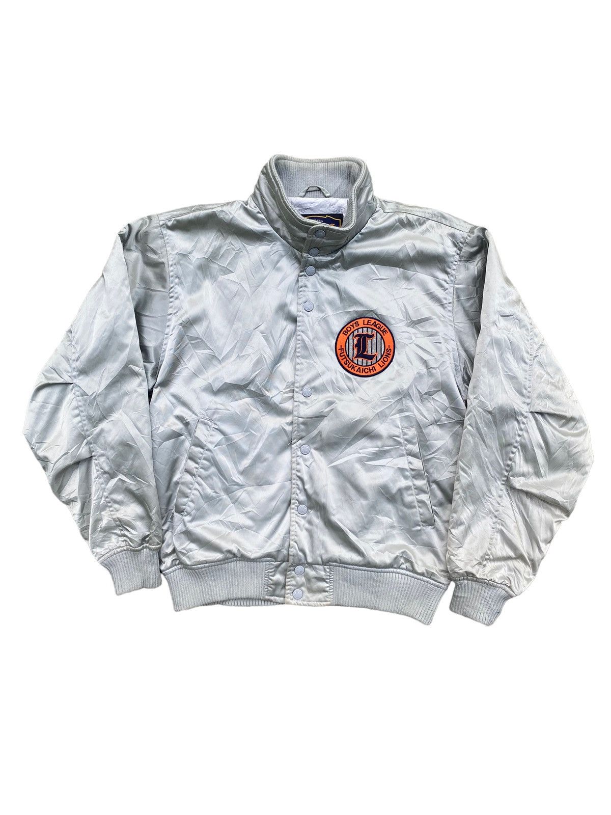 image of American College x Varsity Jacket Vintage Futsukaichi Varsity Jacket. D in Silver (Size Large)