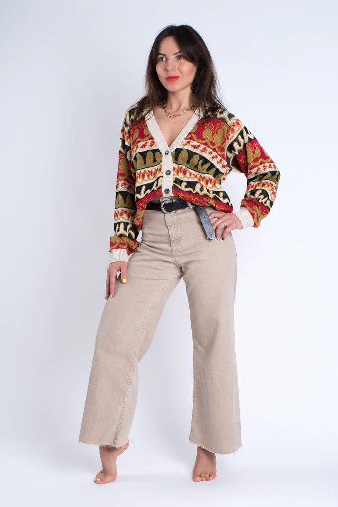 Vintage Women's V-Neck Jacquard Knit Cardigan Size L