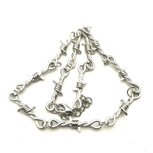 Silver Barbed Wire Chrome Thorn Necklace Spike Post Barb Punk Chain ...