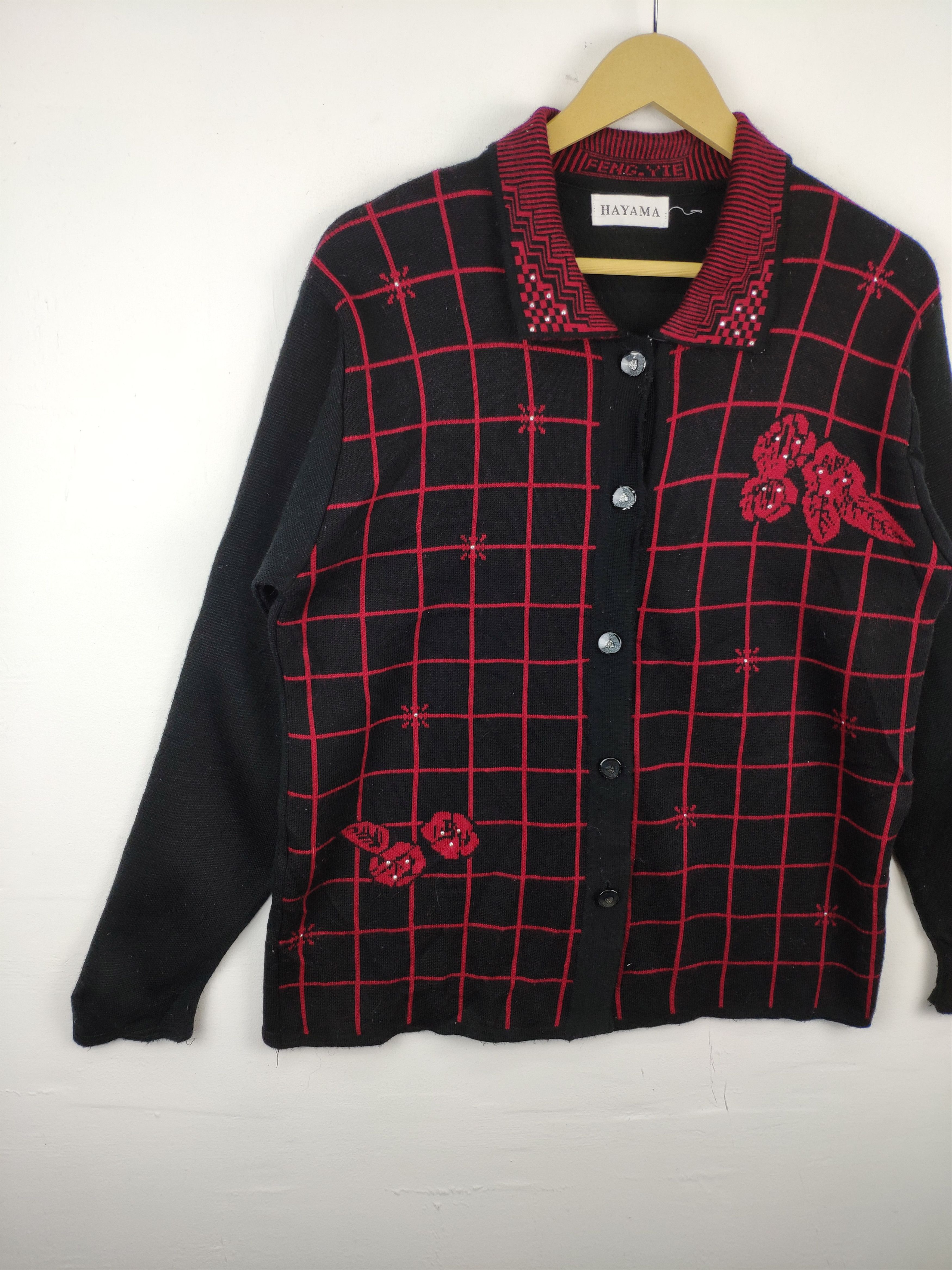 Aran Isles Knitwear × Designer Vintage Hayama Wool Collar Cardigan Floral Motif Size M / US 6-8 / IT 42-44 - 6 Thumbnail