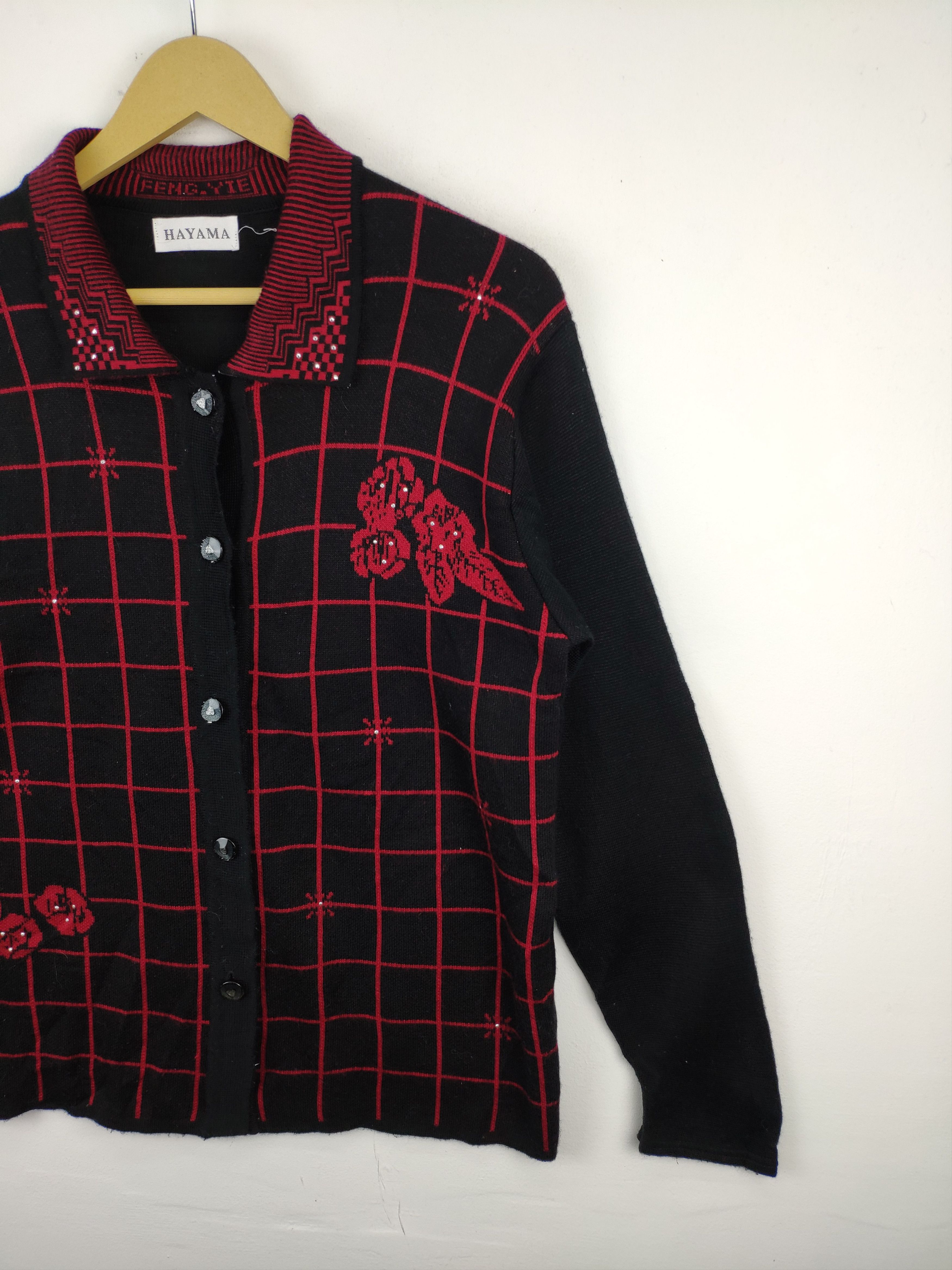 Aran Isles Knitwear × Designer Vintage Hayama Wool Collar Cardigan Floral Motif Size M / US 6-8 / IT 42-44 - 5 Thumbnail