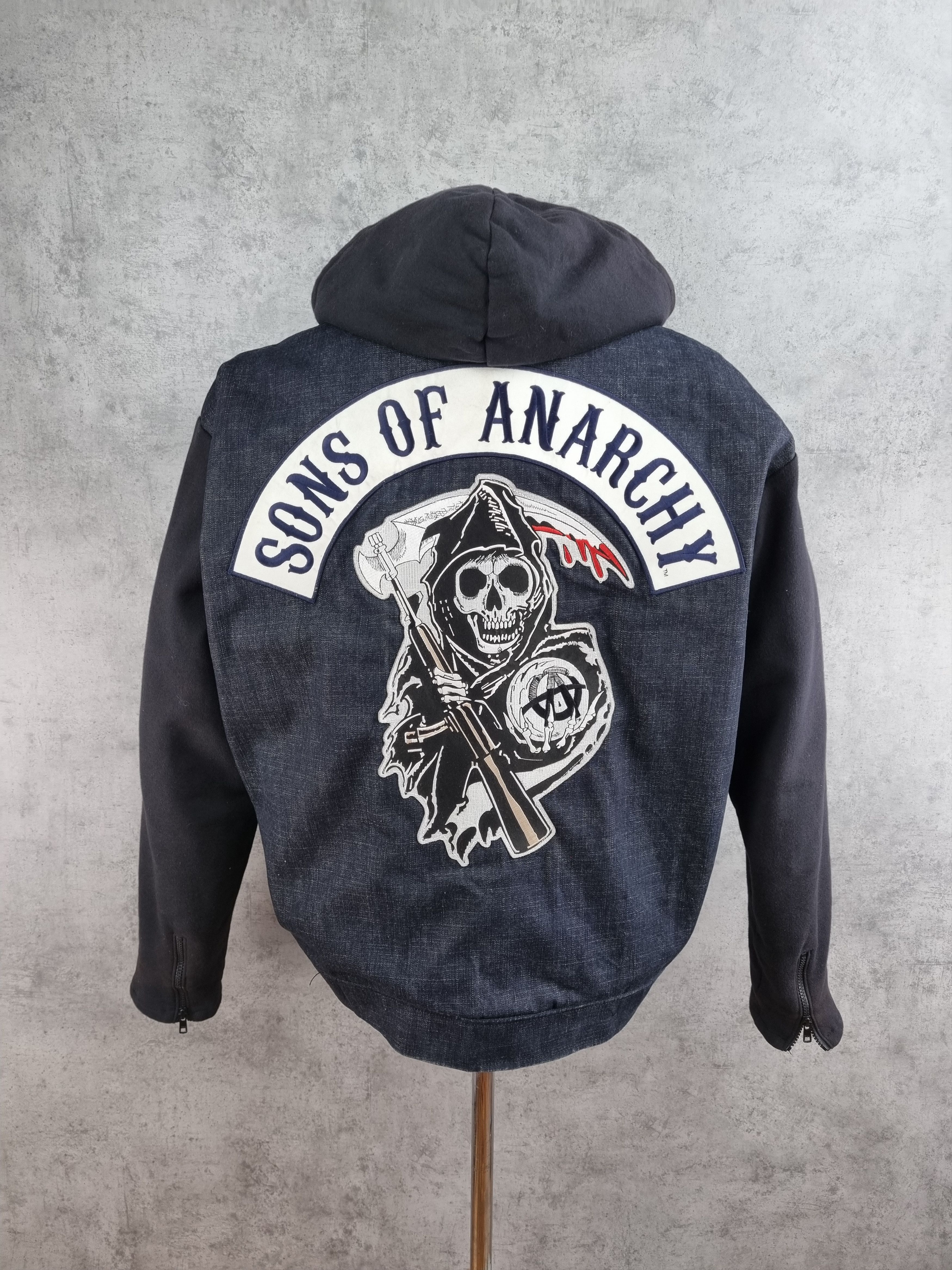 Image of Hollywod x Made In USA Sons Of Anarchy Denim Biker Hooded Jacket in Raw Demin, Men's (Size XL)