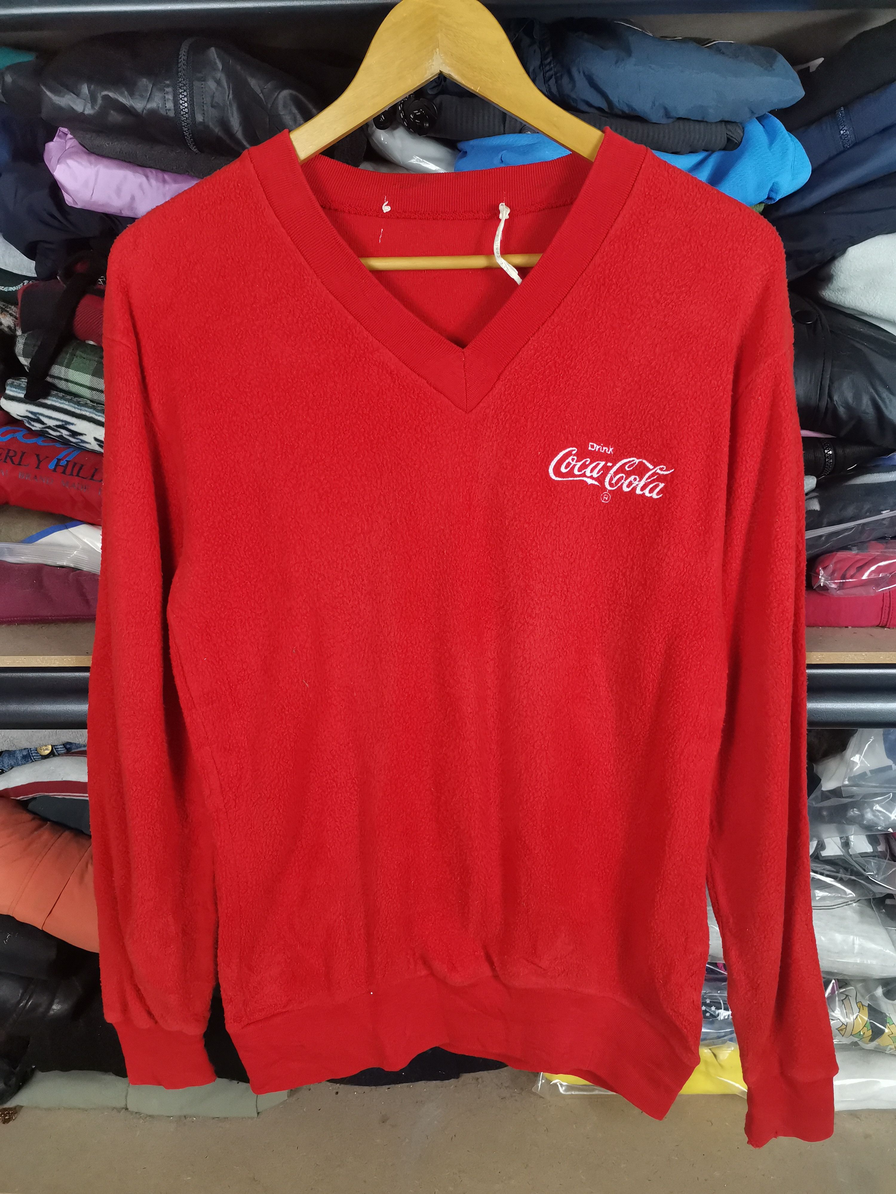 image of Archival Clothing x Coca Cola Vintage 90's Coca-Cola Fleece V Neck Sweatshirt in Red (Size Small)