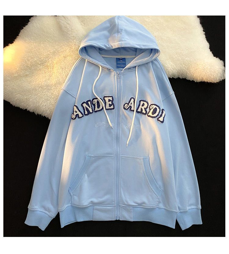 2023 New American Retro Letter Embroidery Zipper Hoodies