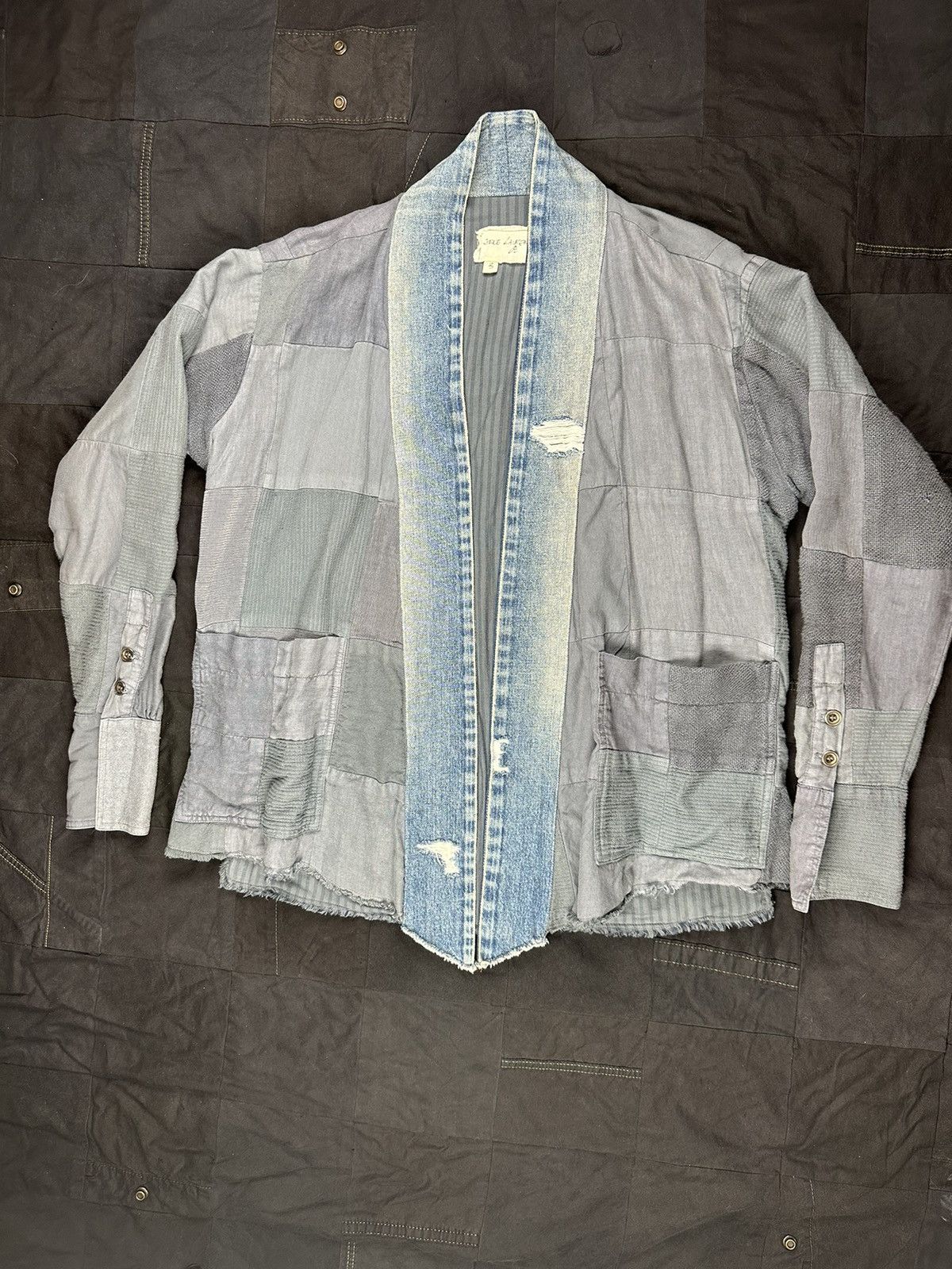 image of Greg Lauren Linen Scrapwork Kimono in Blue, Men's (Size Large)