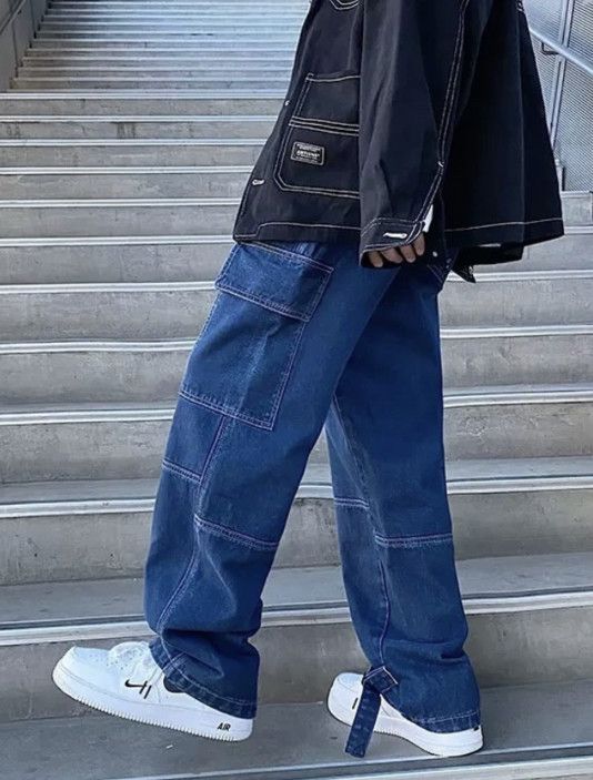 image of Distressed Denim x Jean Blue Cargo Jeans Wide Leg Denim Loose Straight Baggy, Men's (Size 34)