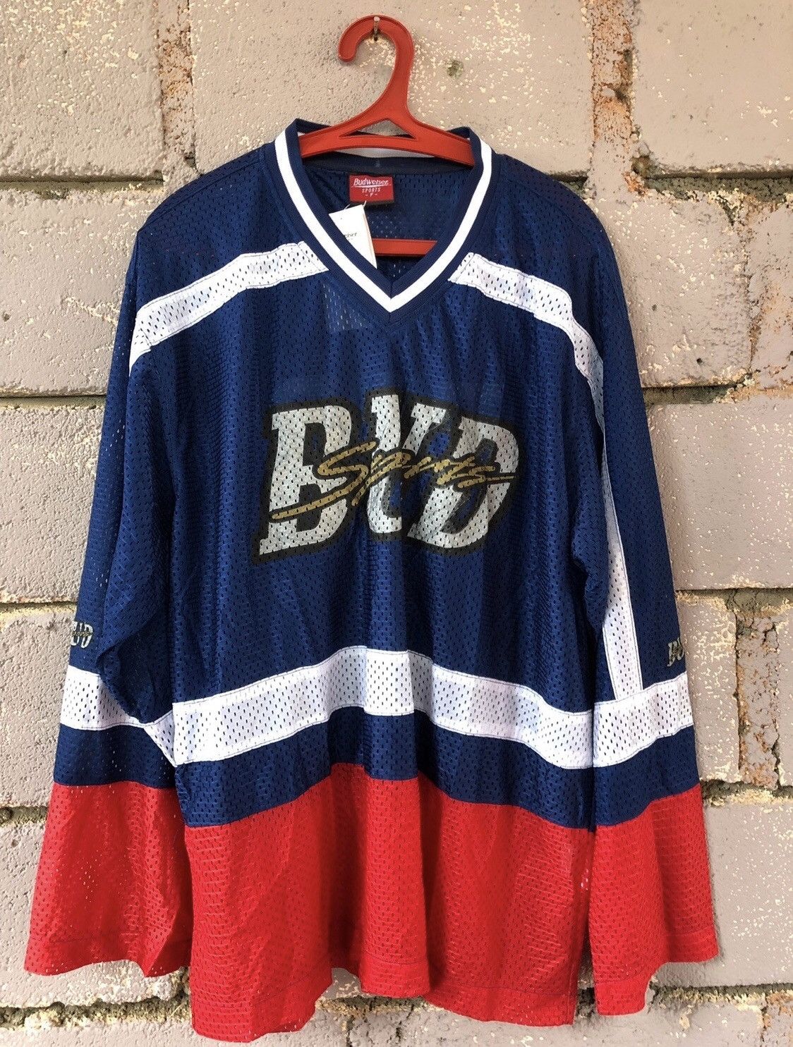 image of 90's Bud Sports Budweiser Color Block Raglan Jersey in Blue/White/Red, Men's (Size Large)
