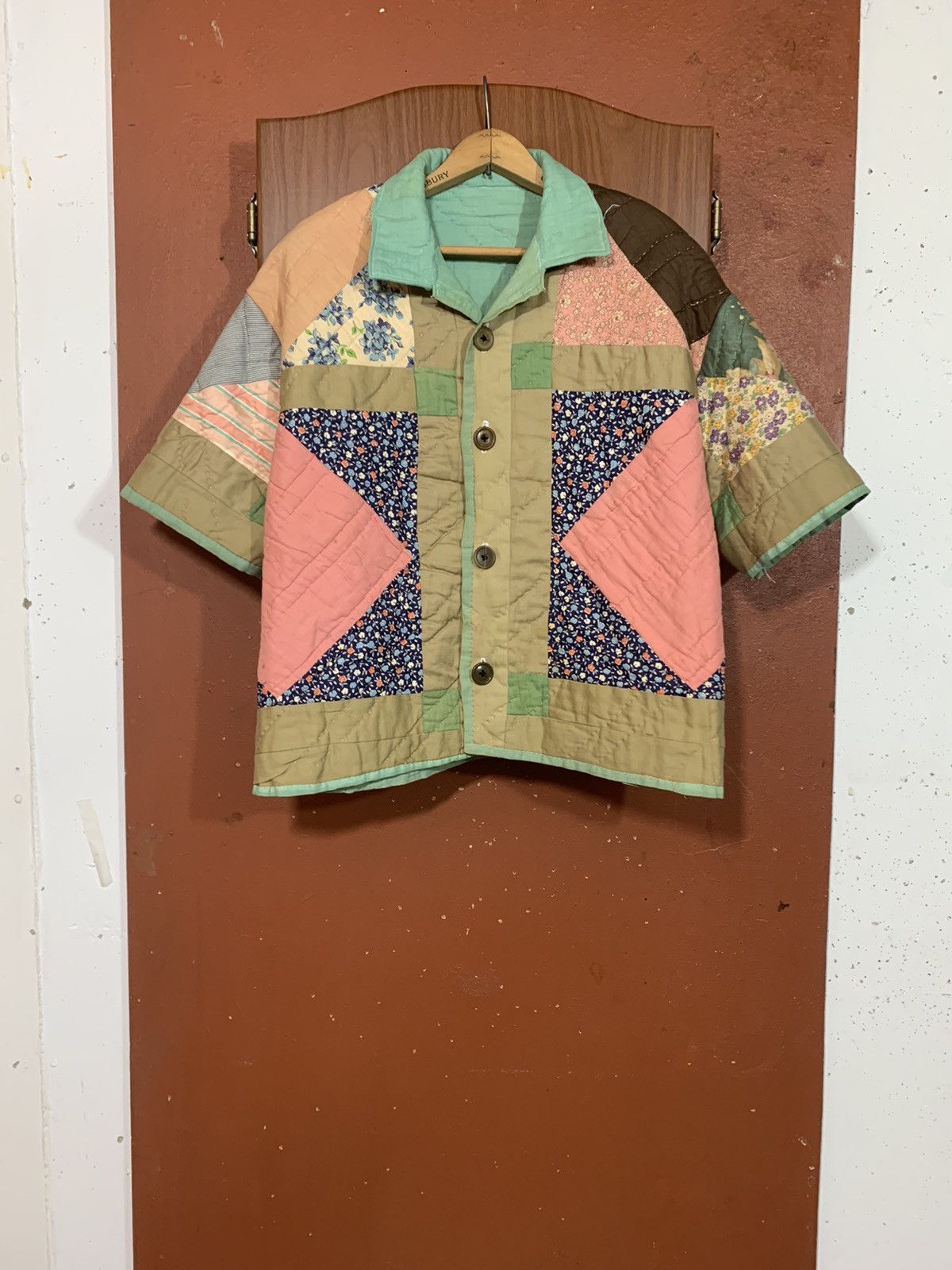 Antique Handmade Floral Quilt Short Sleeve Camp Collar Shirt