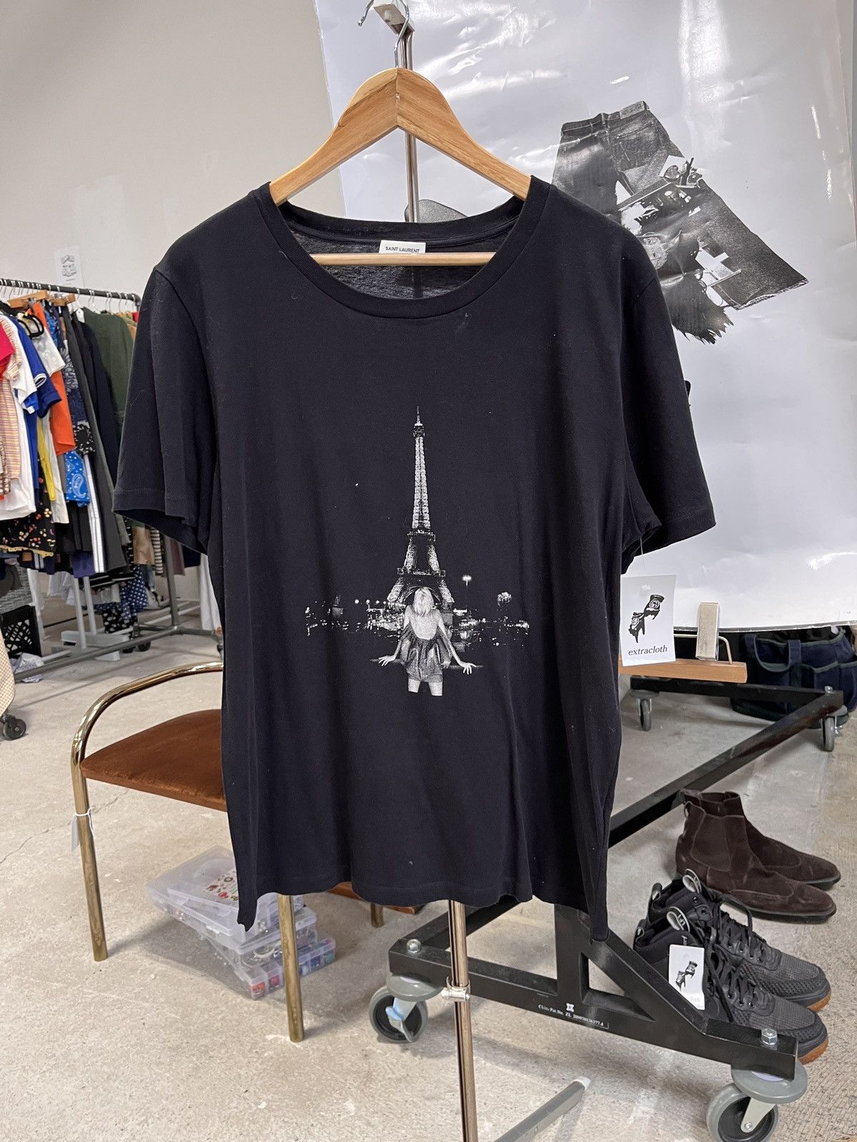 image of Saint Laurent Paris Saint Laurent Eiffel Tower T-Shirt in Black, Men's (Size Small)