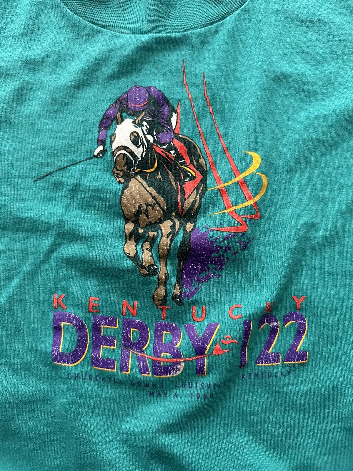 Vintage 1996 Kentucky Derby 122 FOTL Single Stitch Teal Tee Size XS / US 0-2 / IT 36-38 - 3 Thumbnail