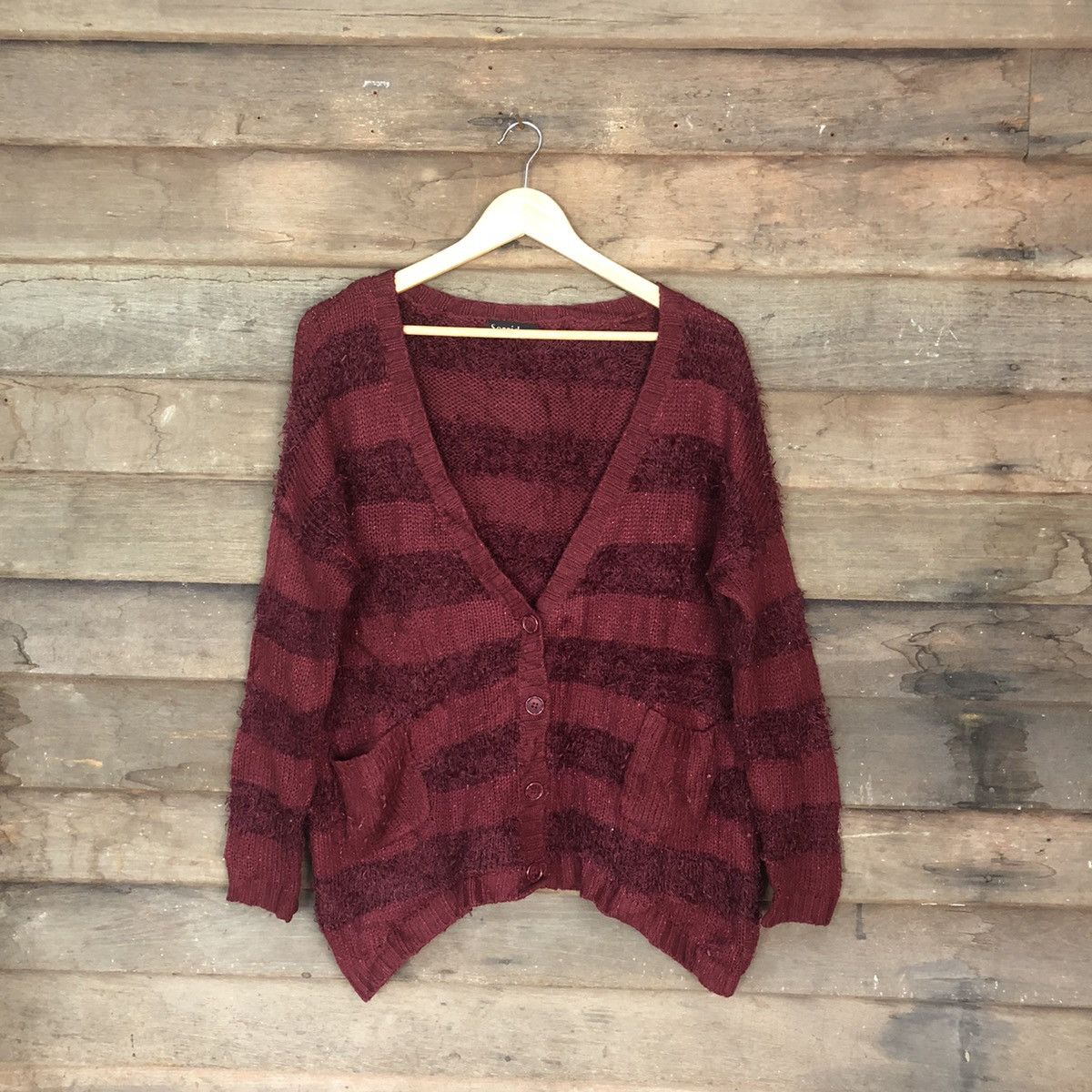 Japanese Brand DL Sorridere Maroon stripe Cardigan mohair like cobain #262 Size US M / EU 48-50 / 2 - 1 Thumbnail