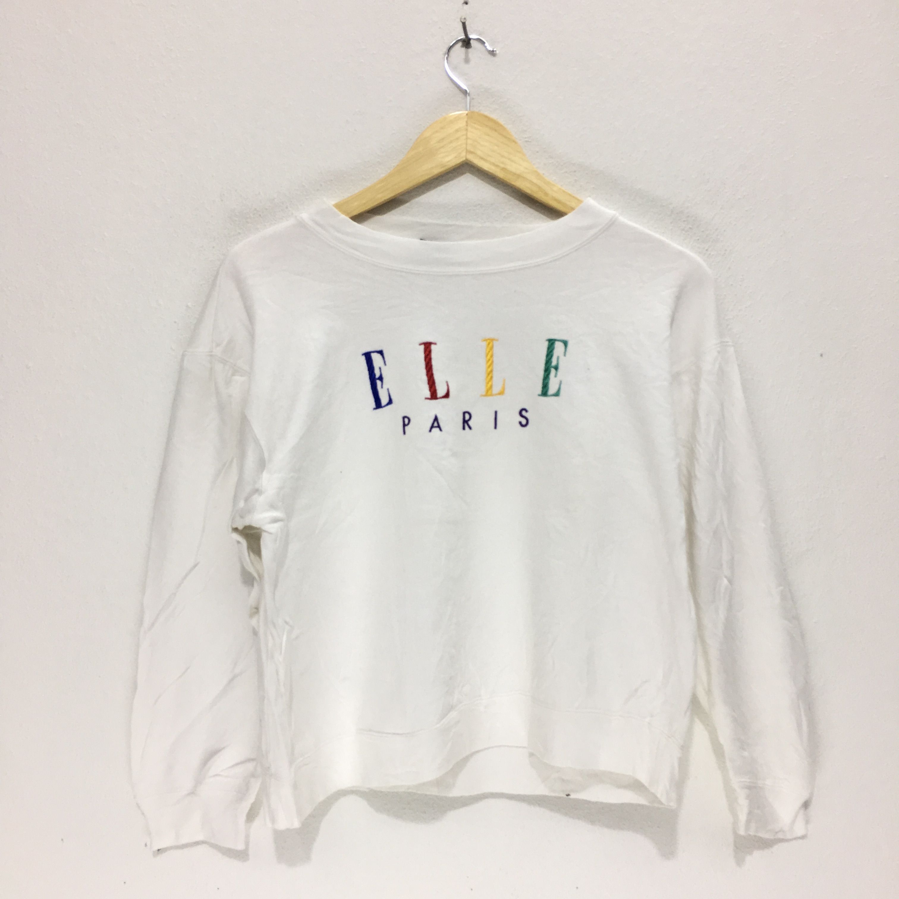 Vtg ELLE PARIS Spell Out White Sweatshirt Made In FRANCE