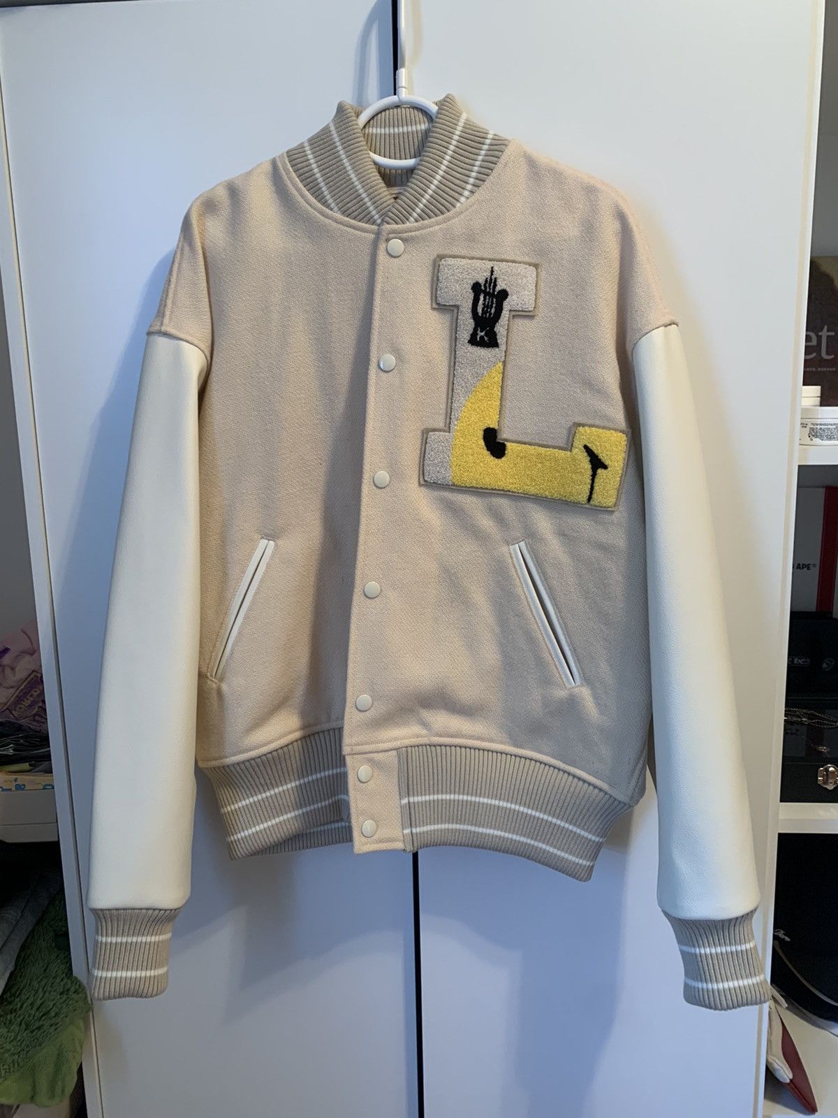 image of Kapital 40S Wool Smiley L-5 Varsity Jacket in Beige, Men's (Size Small)