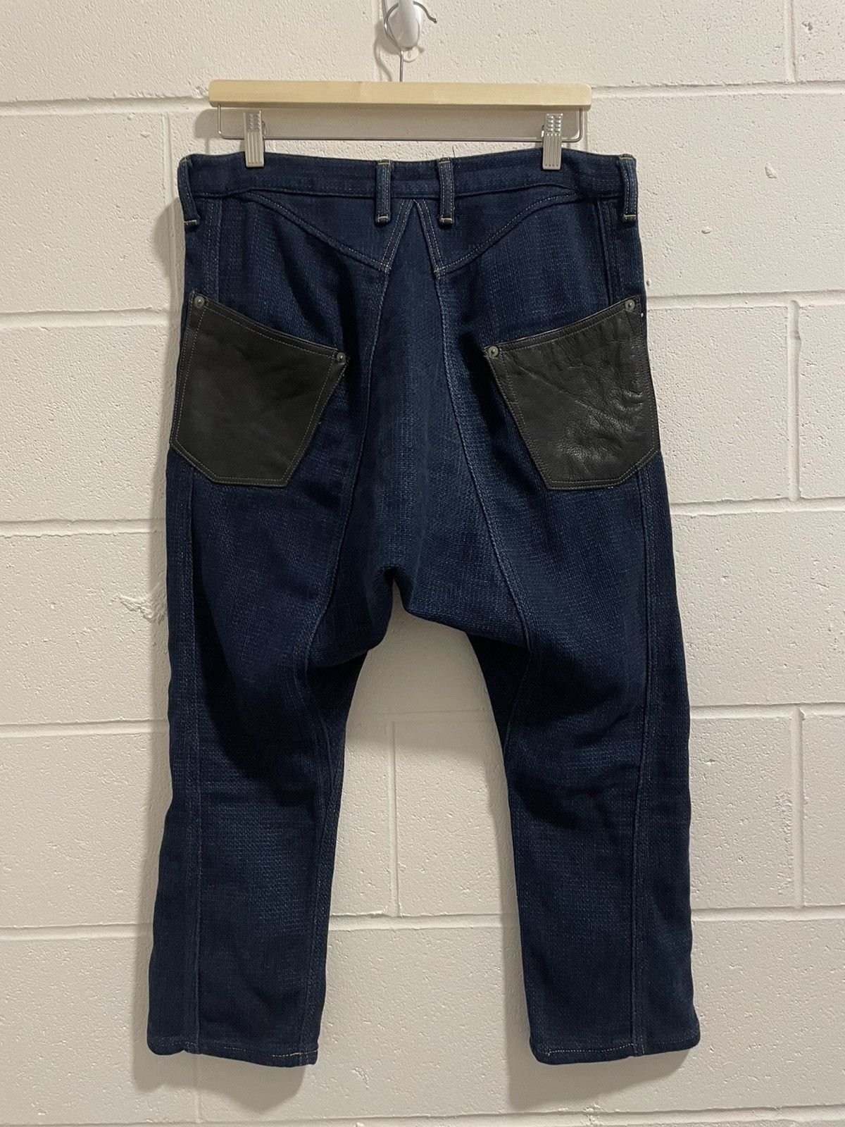Drop Crotch Leather Pocket Woven Hakama Denim Cropped Pants