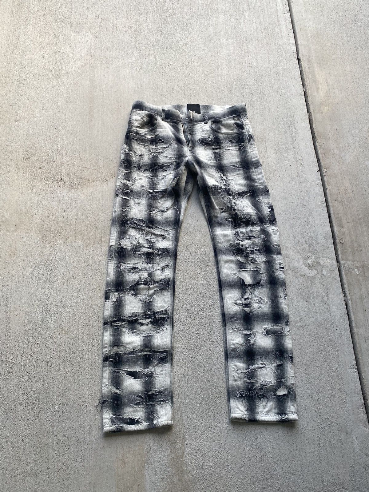 image of Givenchy Distressed Flannel Denim | Blk & Wht in Black, Men's (Size 34)