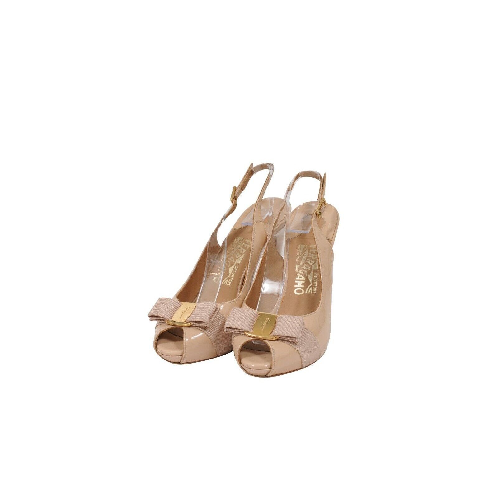 Salvatore Ferragamo Peep Toe Heels Nude Tan Patent Leather 95mm Pumps Size US 6.5 / IT 36.5 - 3 Thumbnail