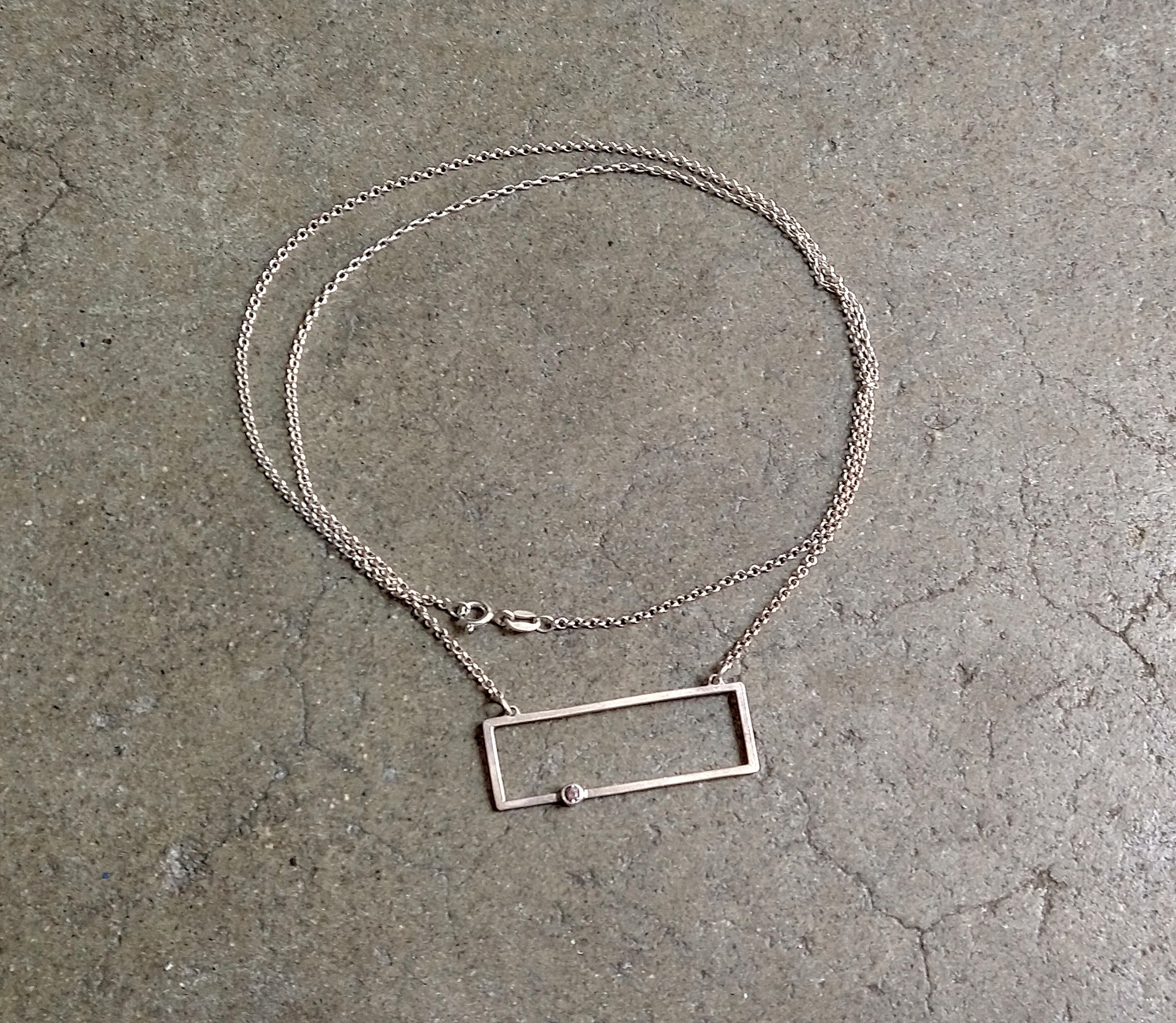 Sterling Silver Necklace Clear CZ Rectangle Modern 22