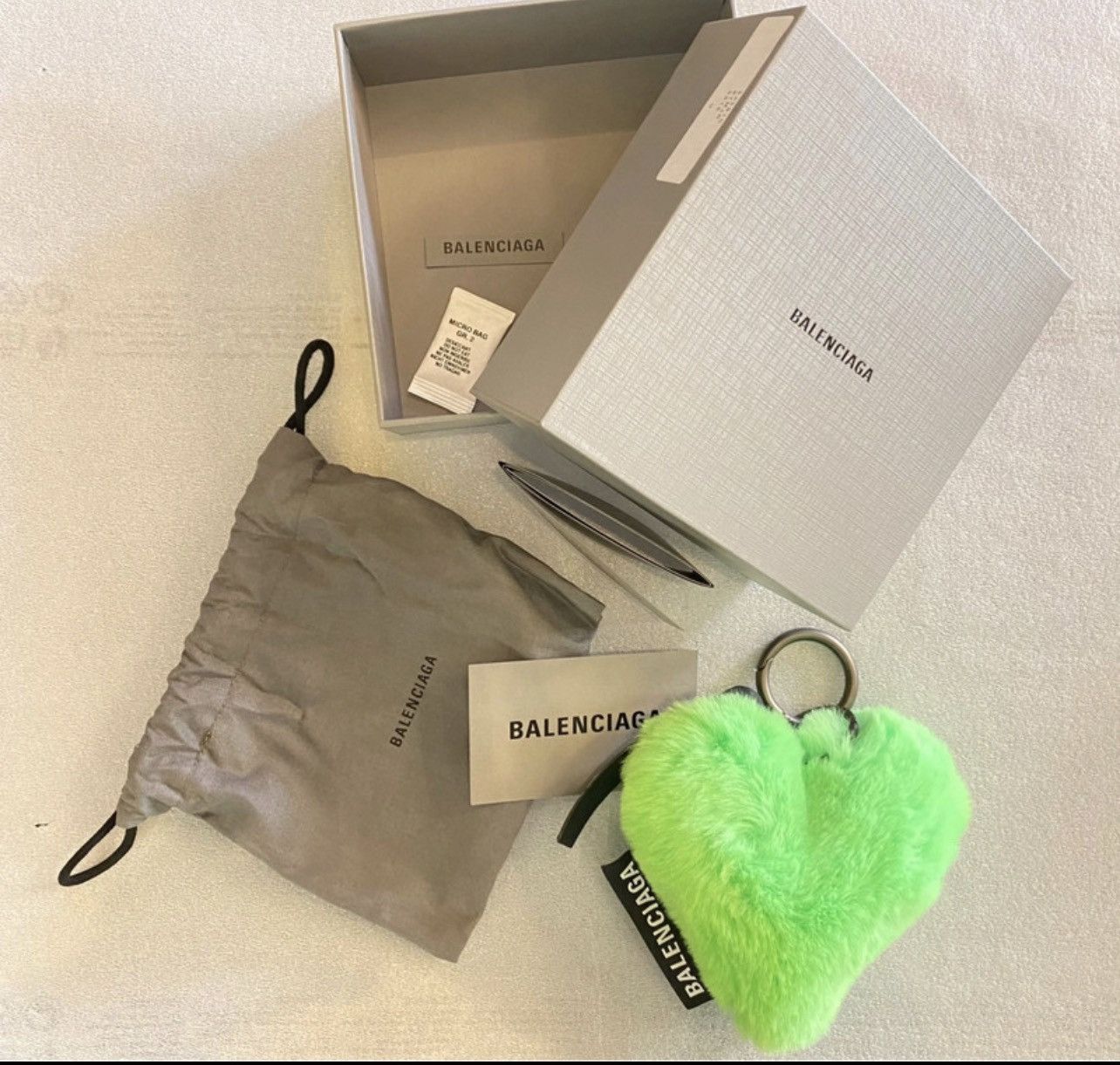 image of Balenciaga Fluffy Faux Fur Hearts Key Ring in Red, Men's