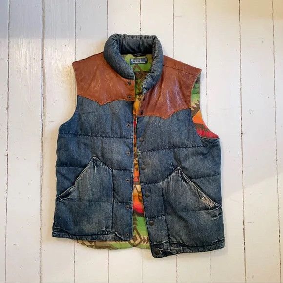 Vintage Rare Polo Ralph Lauren Mens Leather Vest Button Up top Knitted Size Large