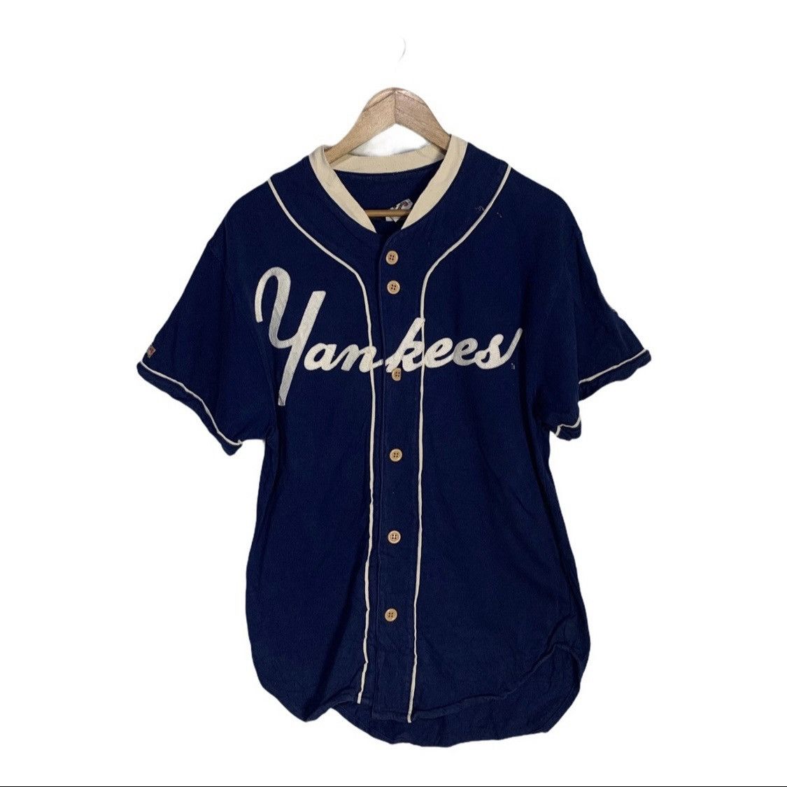 Yankees shirt button up blue color linen white