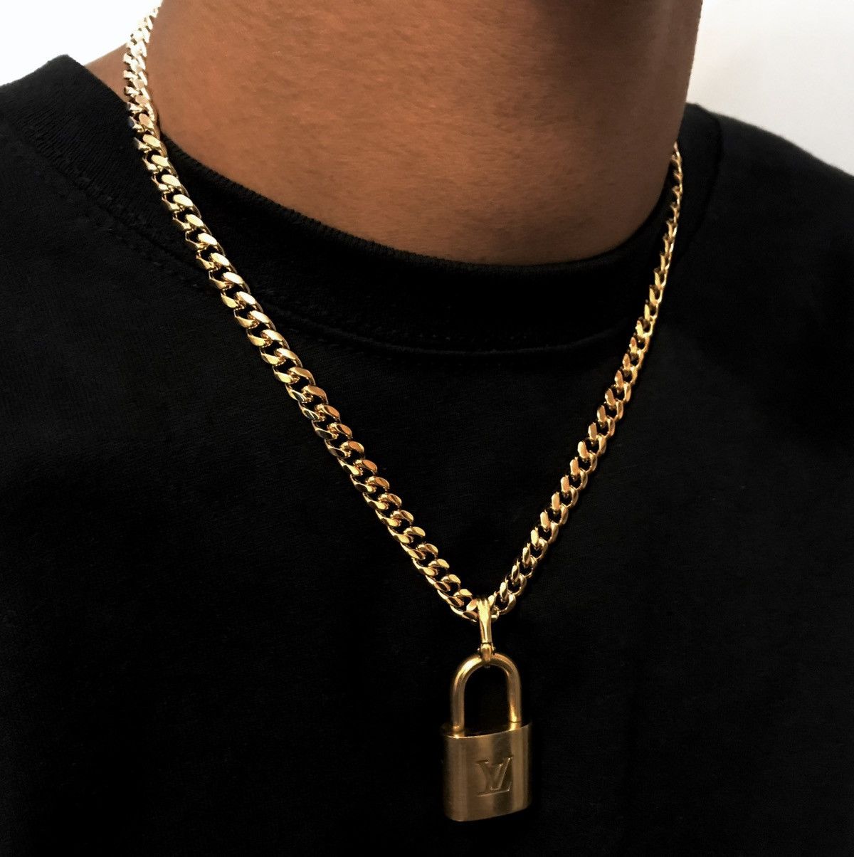 Louis Vuitton Authentic Padlock Cuban Link Gold Necklace Lock