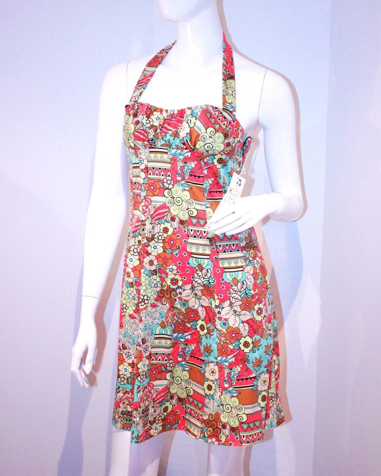 NANETTE LEPORE Deep SEA Pink MULTI Halter DRESS Side ZIP