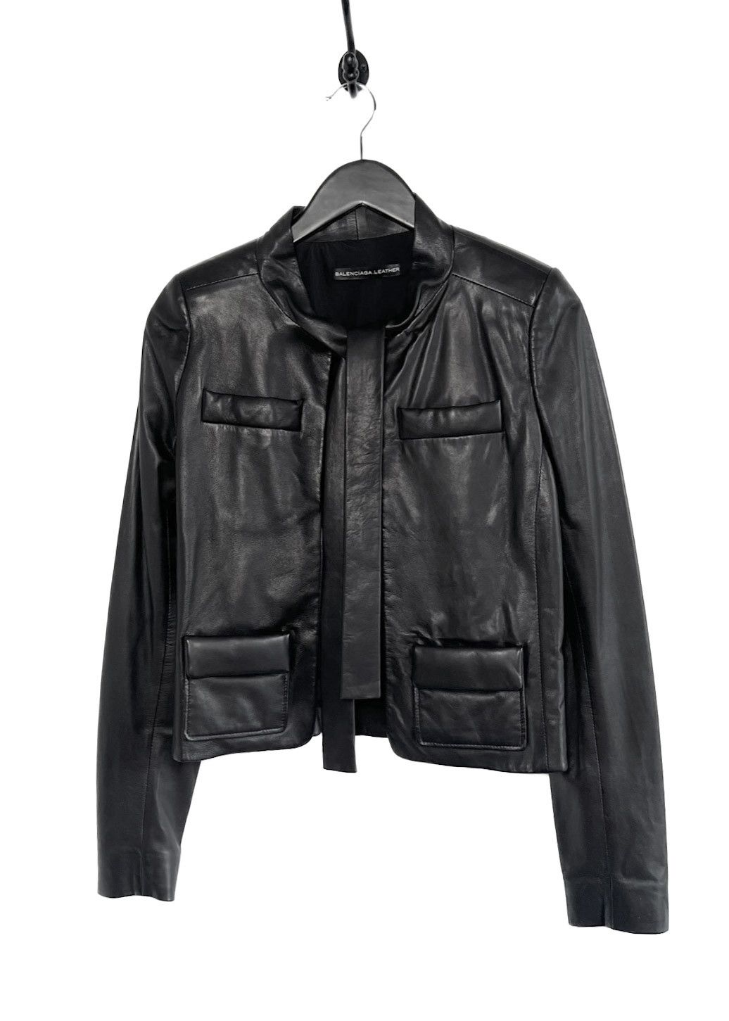 Balenciaga Black Leather Neck Tie Open Jacket