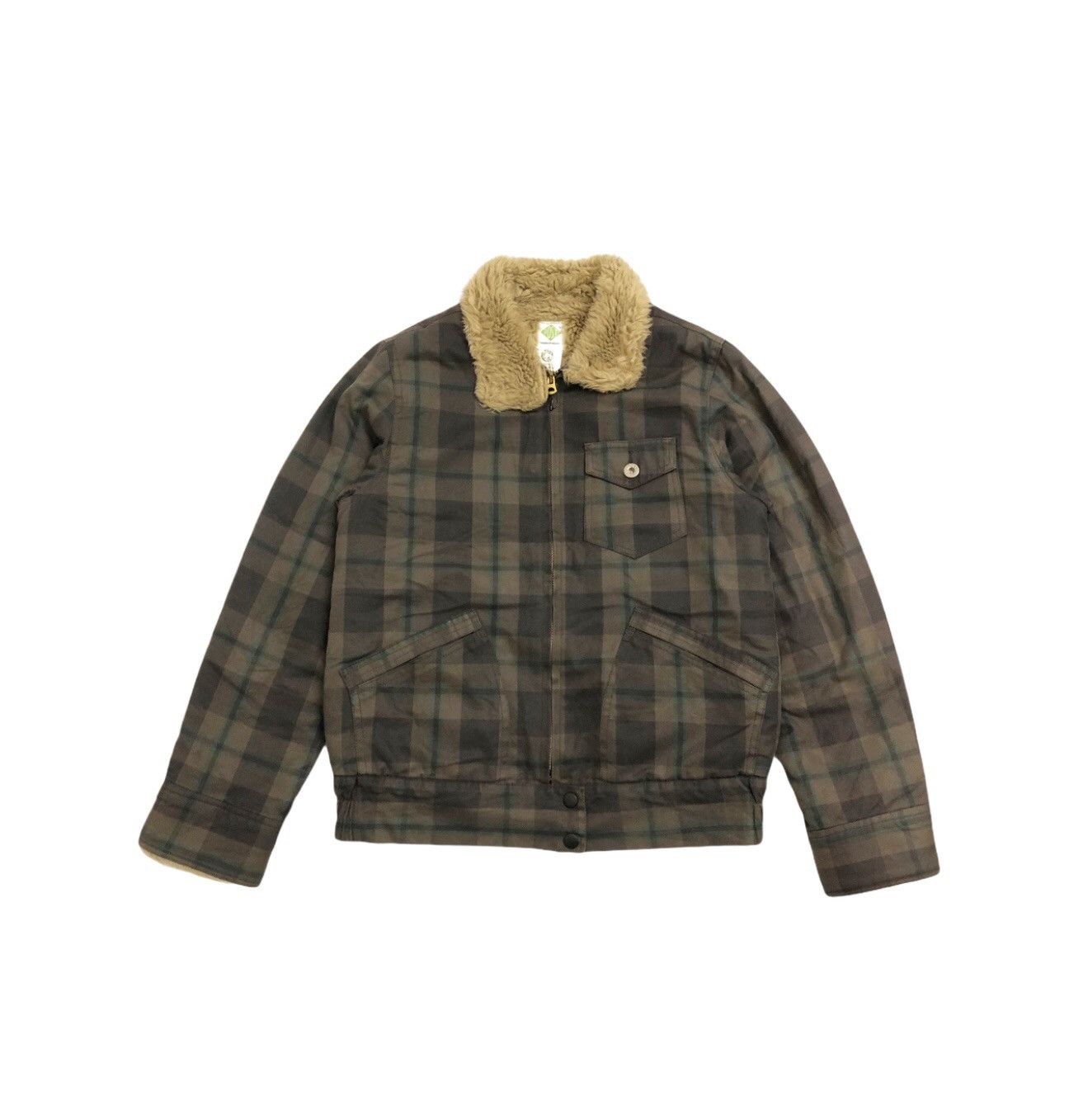 image of Post Overalls Post Overall Sherpa Shearling Bomber Zipper Jacket in Check, Men's (Size Medium)