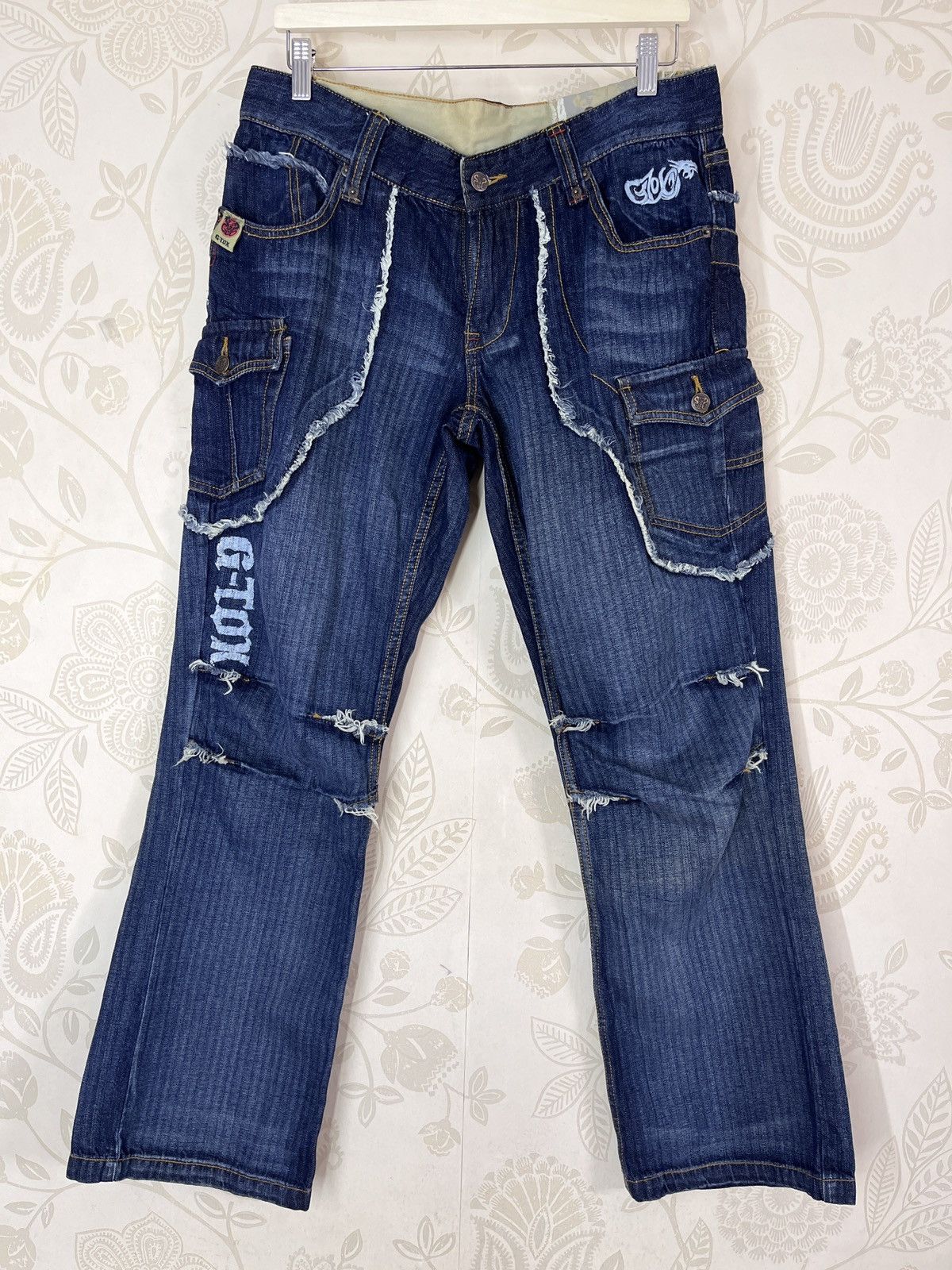 Vintage G-Tox Hickory Distressed Denim Jeans With Cargo Pockets Size US 34 / EU 50 - 1 Thumbnail