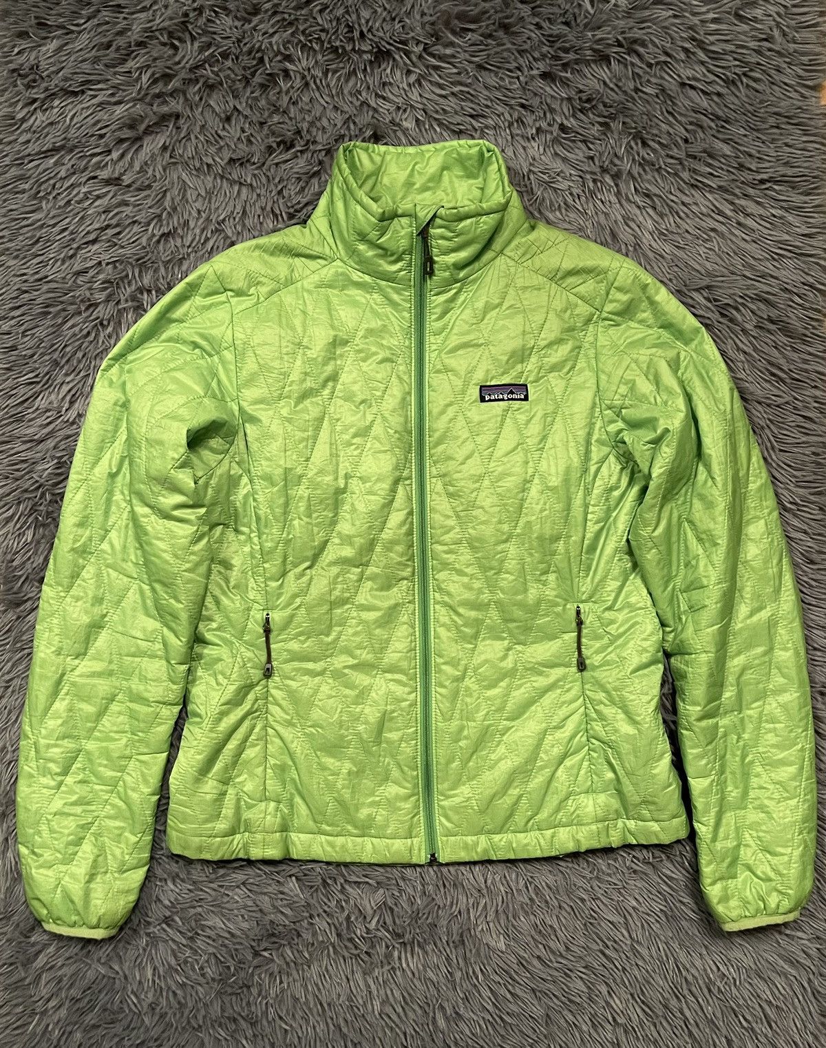 Patagonia gorpcore style neon green quilted jacket