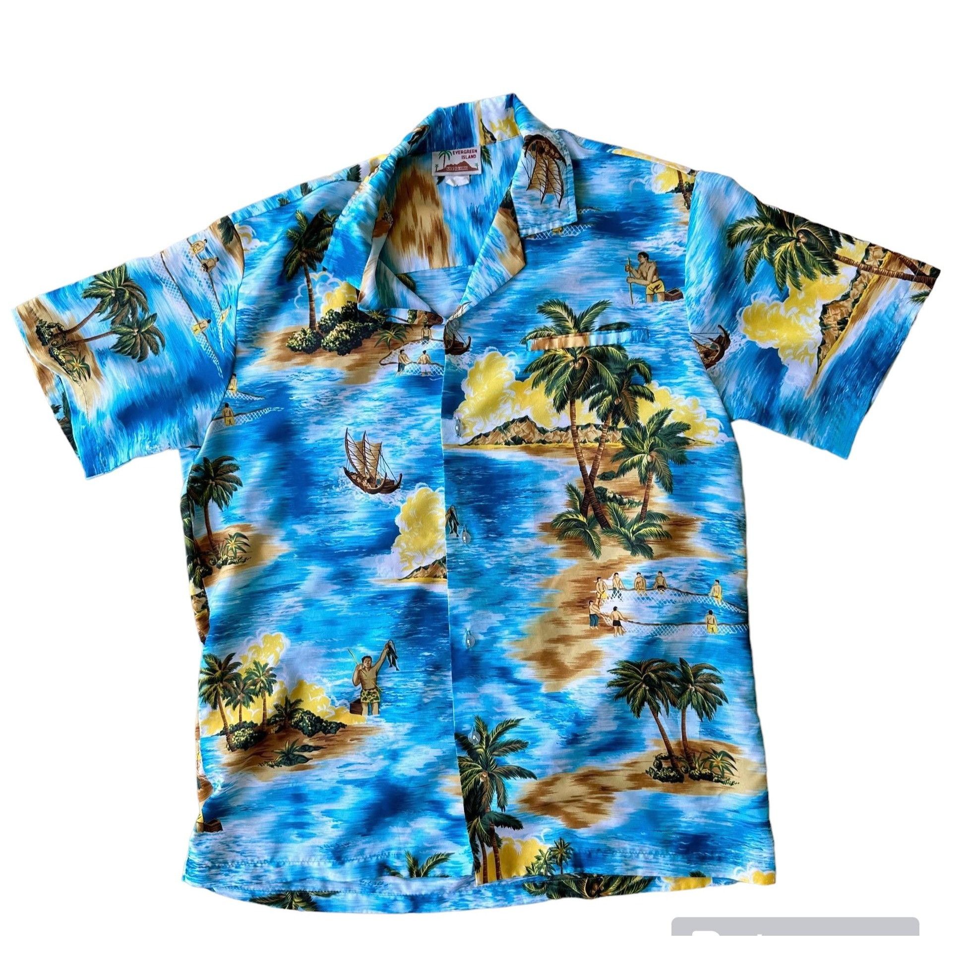 VTG Hawaiian Shirt XXL? Evergreen Island Made in Hawaii Blu