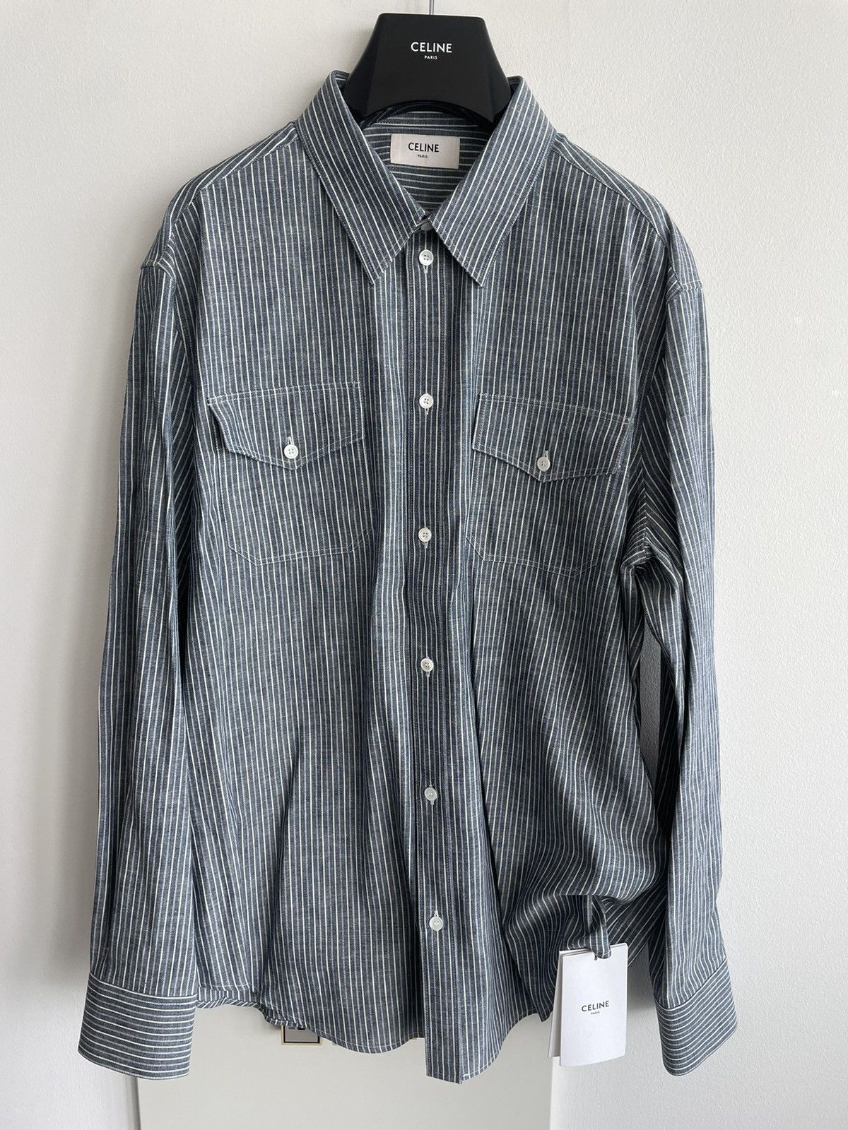 image of Celine x Hedi Slimane Runway Hedi Slimane Shirt Limited Edition in Striped, Men's (Size XL)