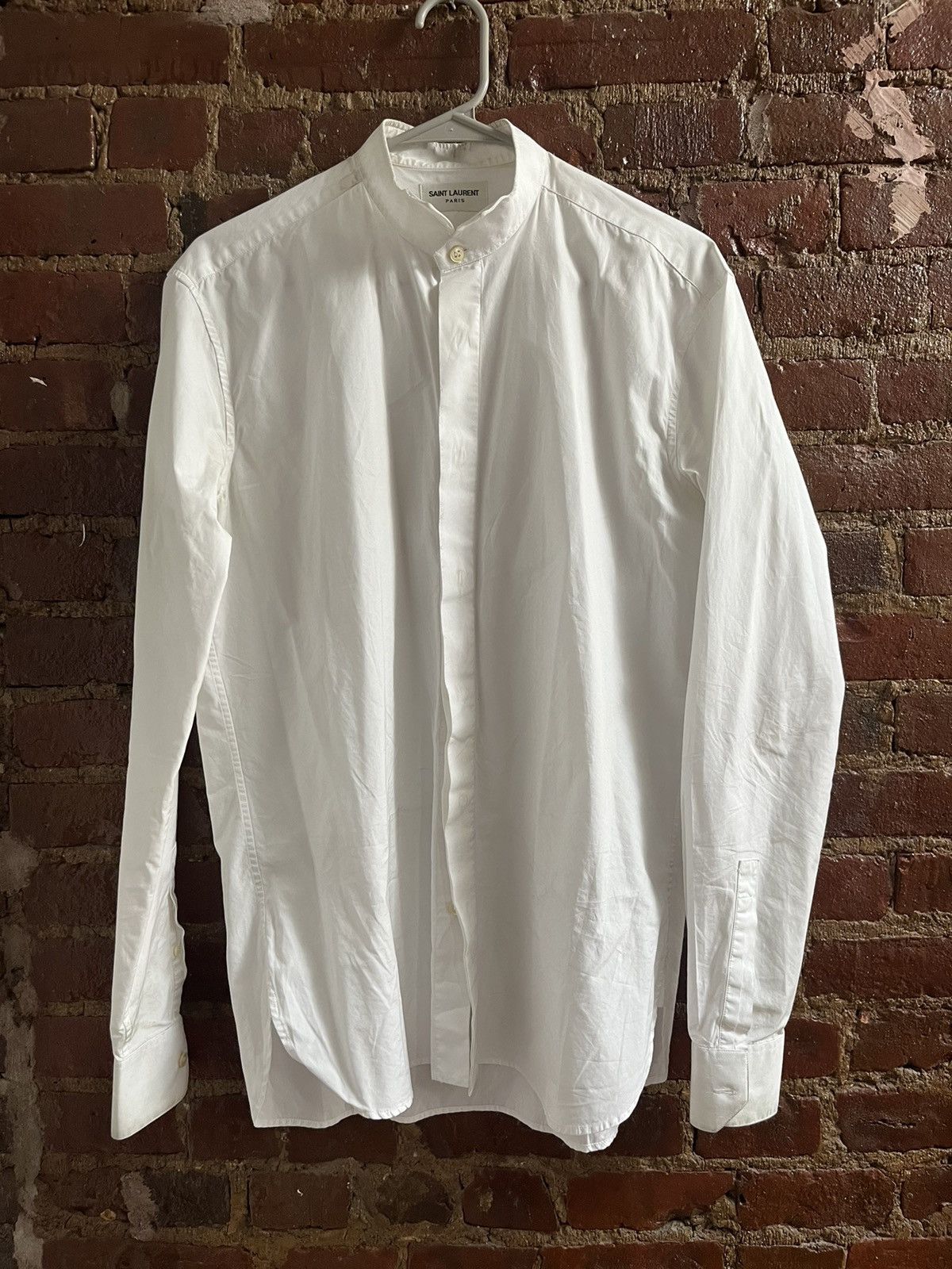 image of Saint Laurent Paris Slp Band Collar Tuxedo Shirt in White, Men's (Size Medium)